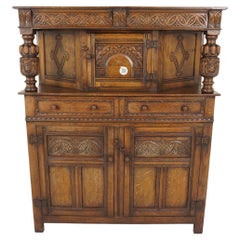 Ant. Carved Oak Court Cupboard, Sideboard Buffet and Hutch, Scotland 1920, H727