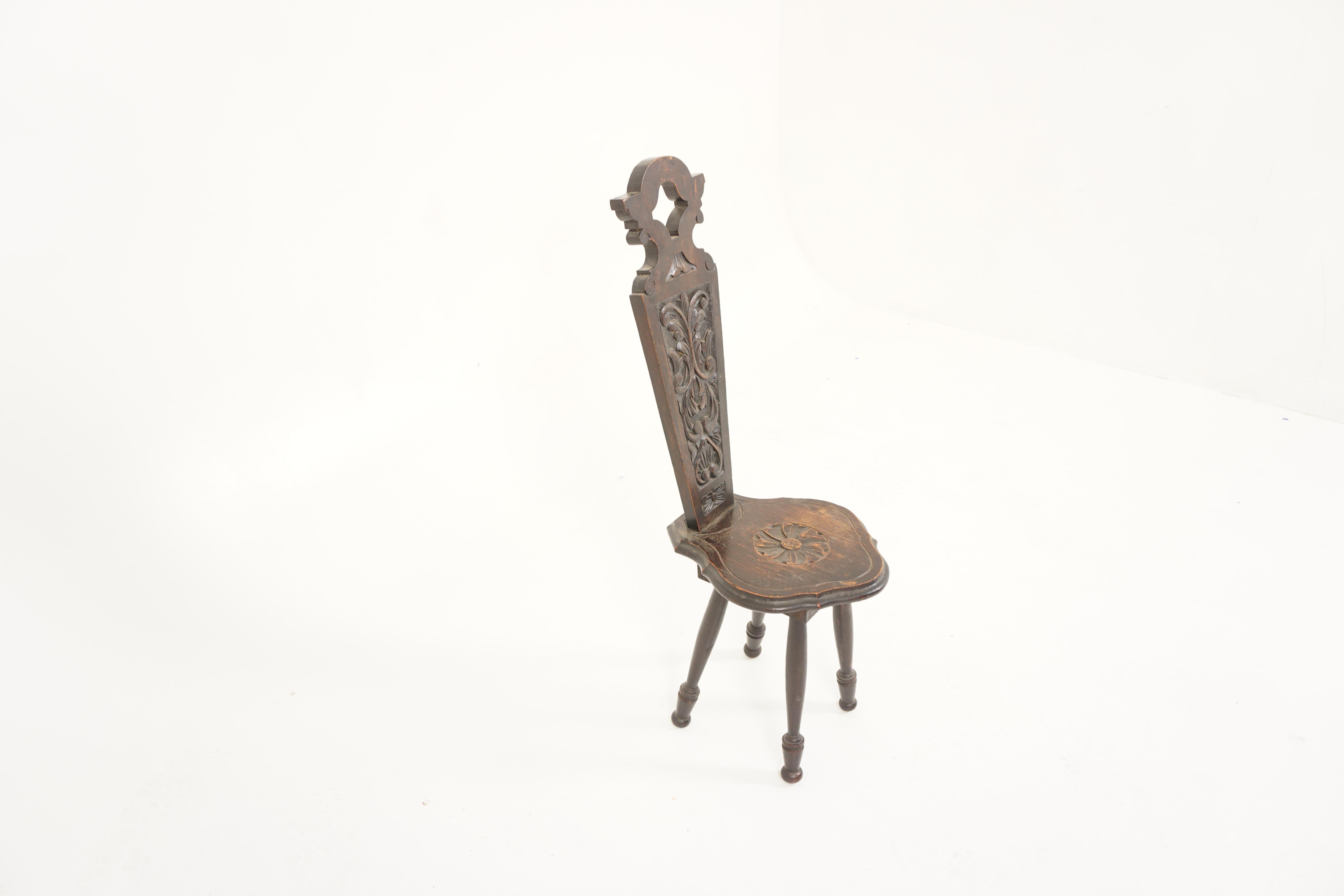 Scottish Ant. Carved Oak Spinning Chair, Hall Chair, Scotland 1910, H081