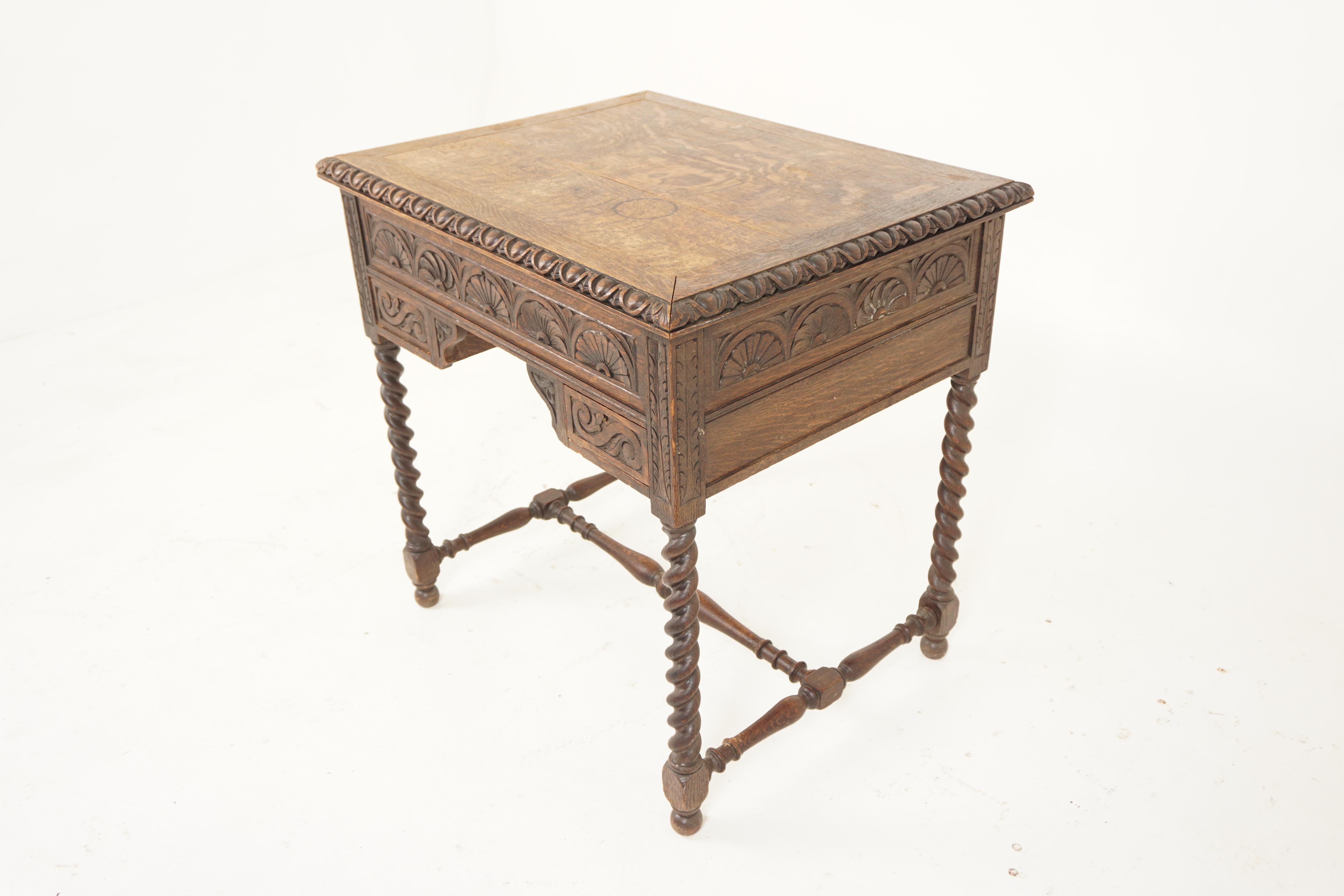 Ant. Carved tiger oak writing table, work table, Scotland 1880, H730

Scotland 1880
Solid Oak
Original Finish
Tiger Oak Rectangular top with hinged lid
Carved frieze around the top
Pair of small carved front drawer underneath
Lift up lid