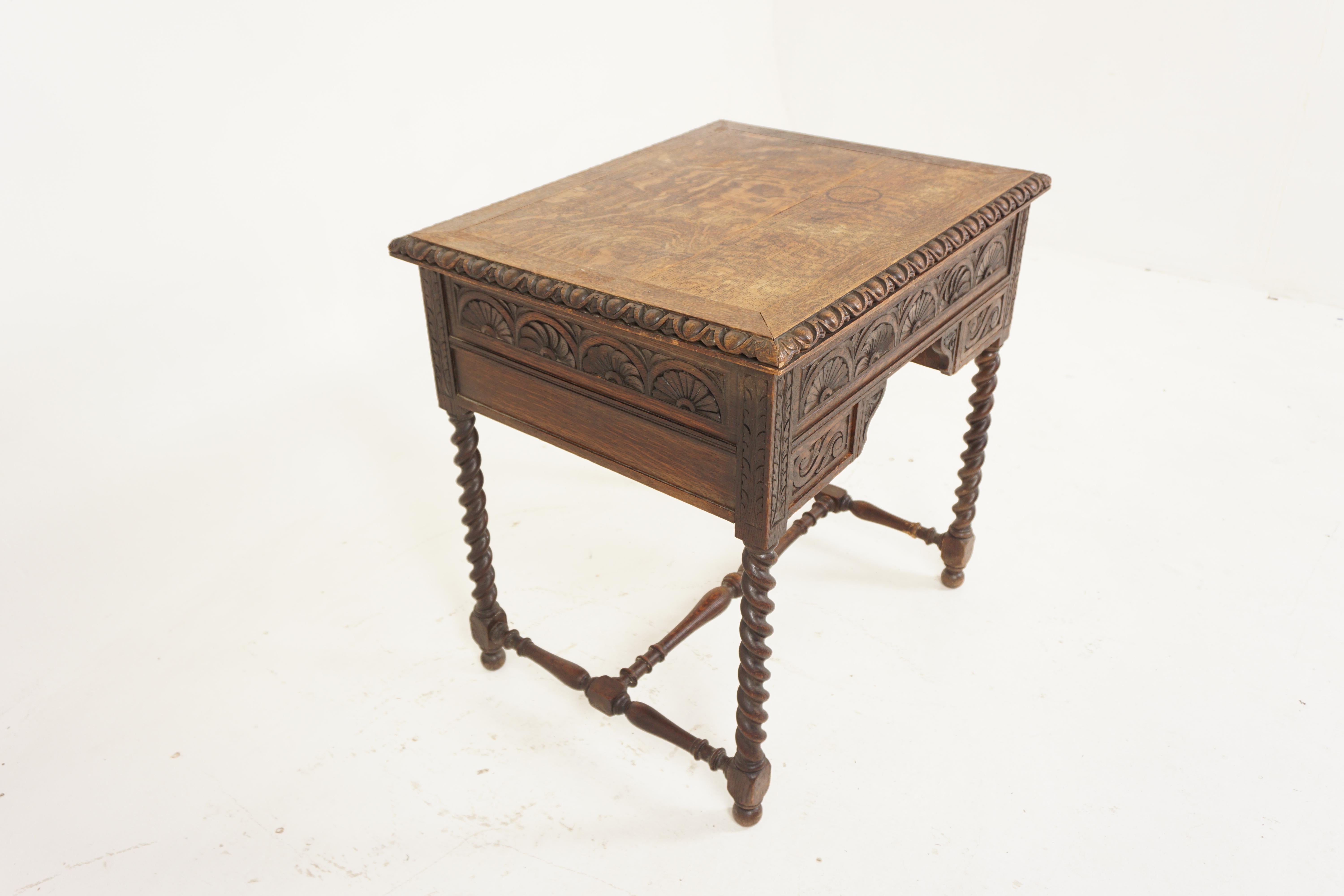 Scottish Ant. Carved Tiger Oak Writing Table, Work Table, Scotland 1880, H730