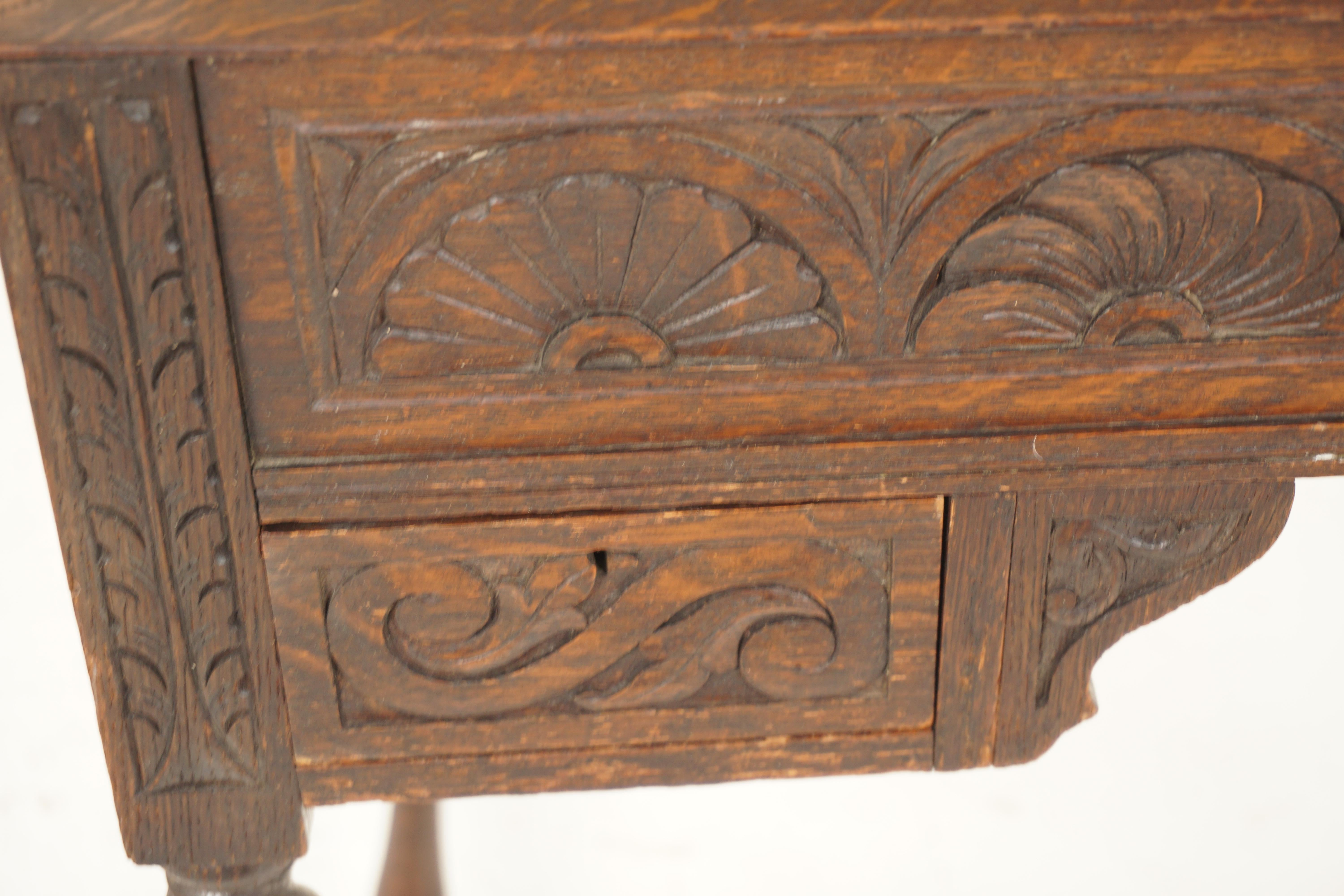 Ant. Carved Tiger Oak Writing Table, Work Table, Scotland 1880, H730 2