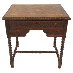 Antique Ant. Carved Tiger Oak Writing Table, Work Table, Scotland 1880, H730