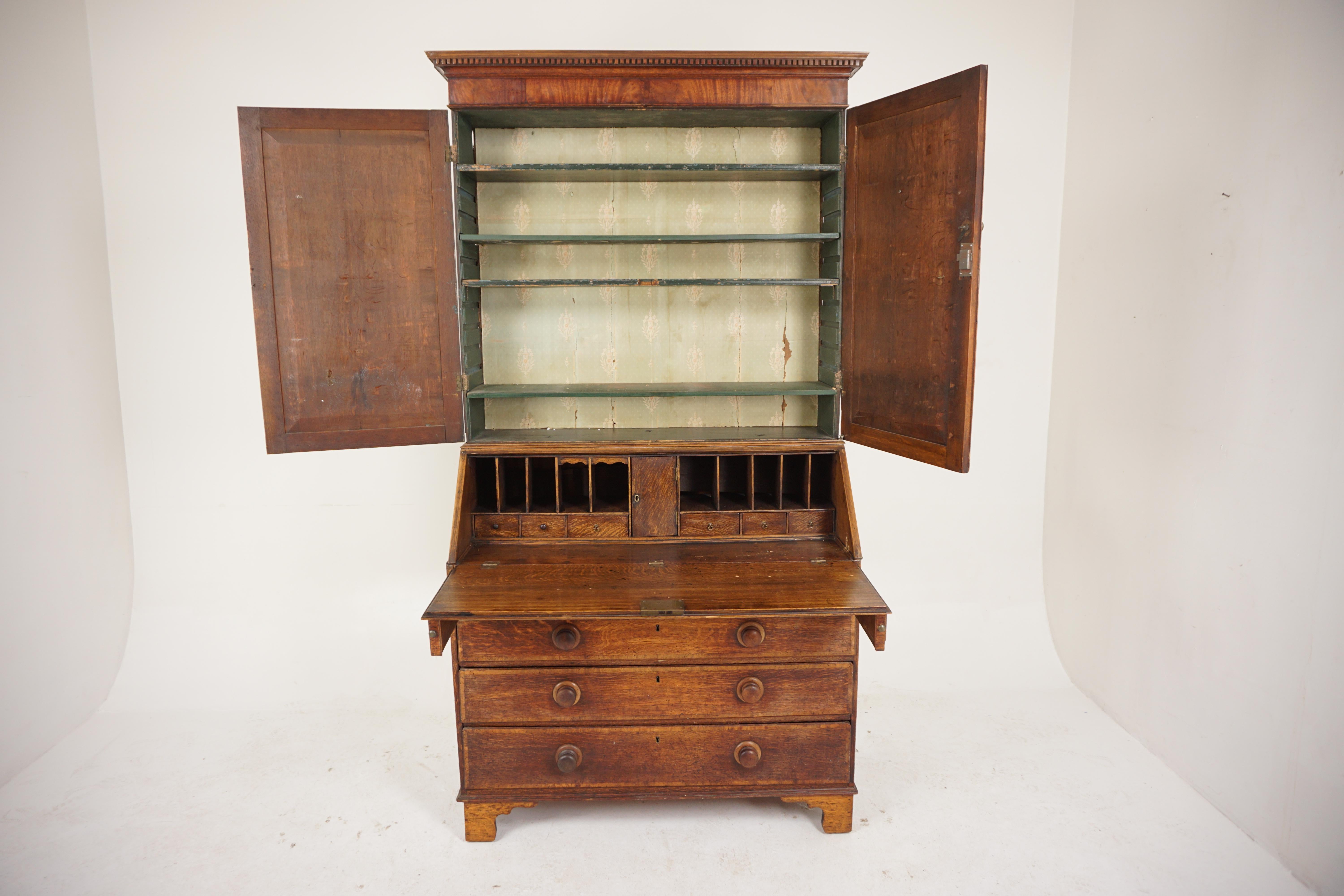 Ant. Georgian oak bureau bookcase, country house, housekeepers cupboard, Scotland 1780, H154

Scotland 1780
Solid oak
Original finish
Having a dentil cornice on top
Over double panelled doors that open to reveal two original and two