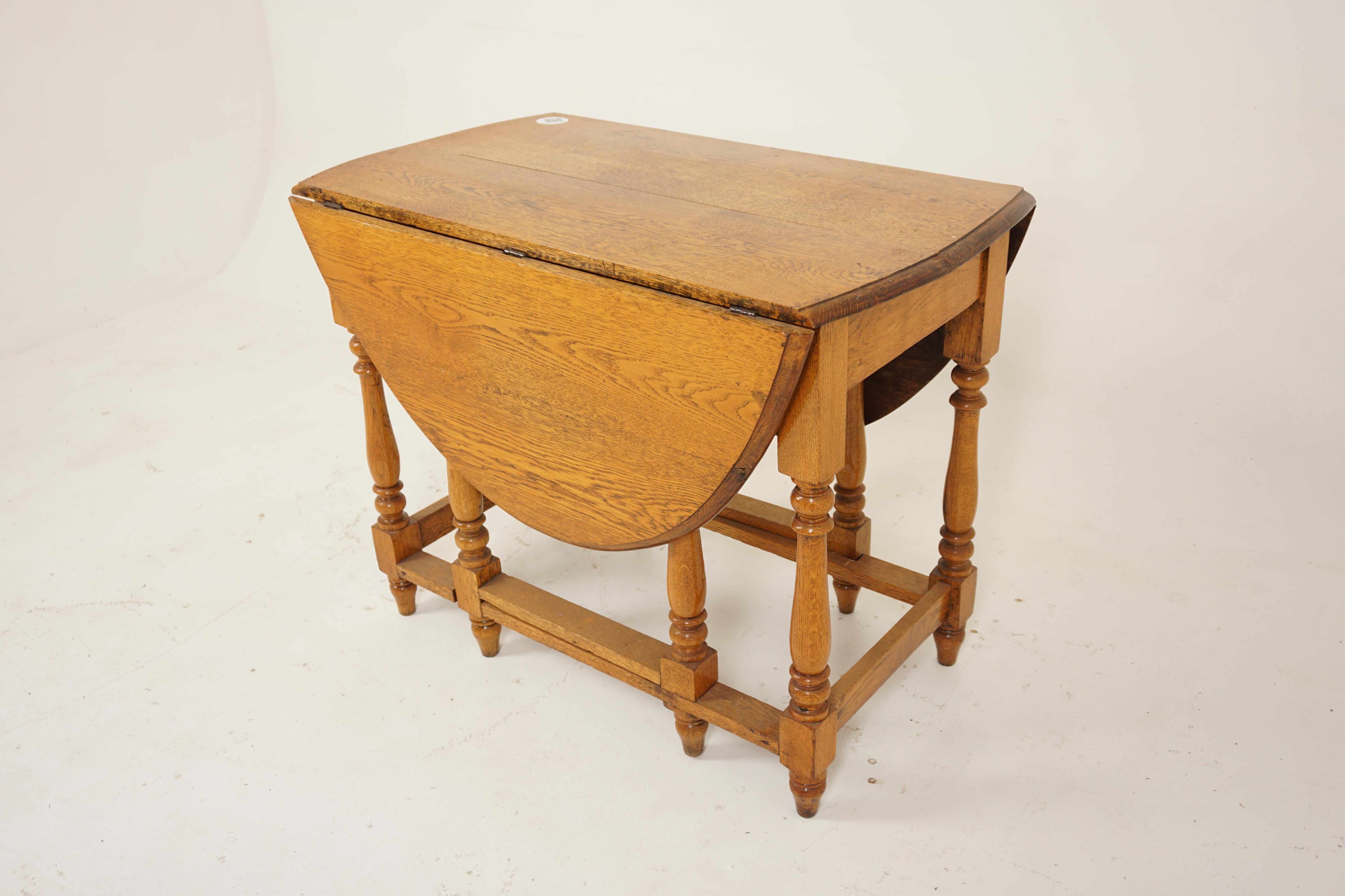 Ant. golden oak gateleg table, drop leaf table, kitchen table, Scotland 1910, H809

Scotland 1910
Sloid Oak
Original Finish
Solid tabletop
Pair of oval leaves to the sides
All supported by thick turned legs
Connected by stretchers
Very