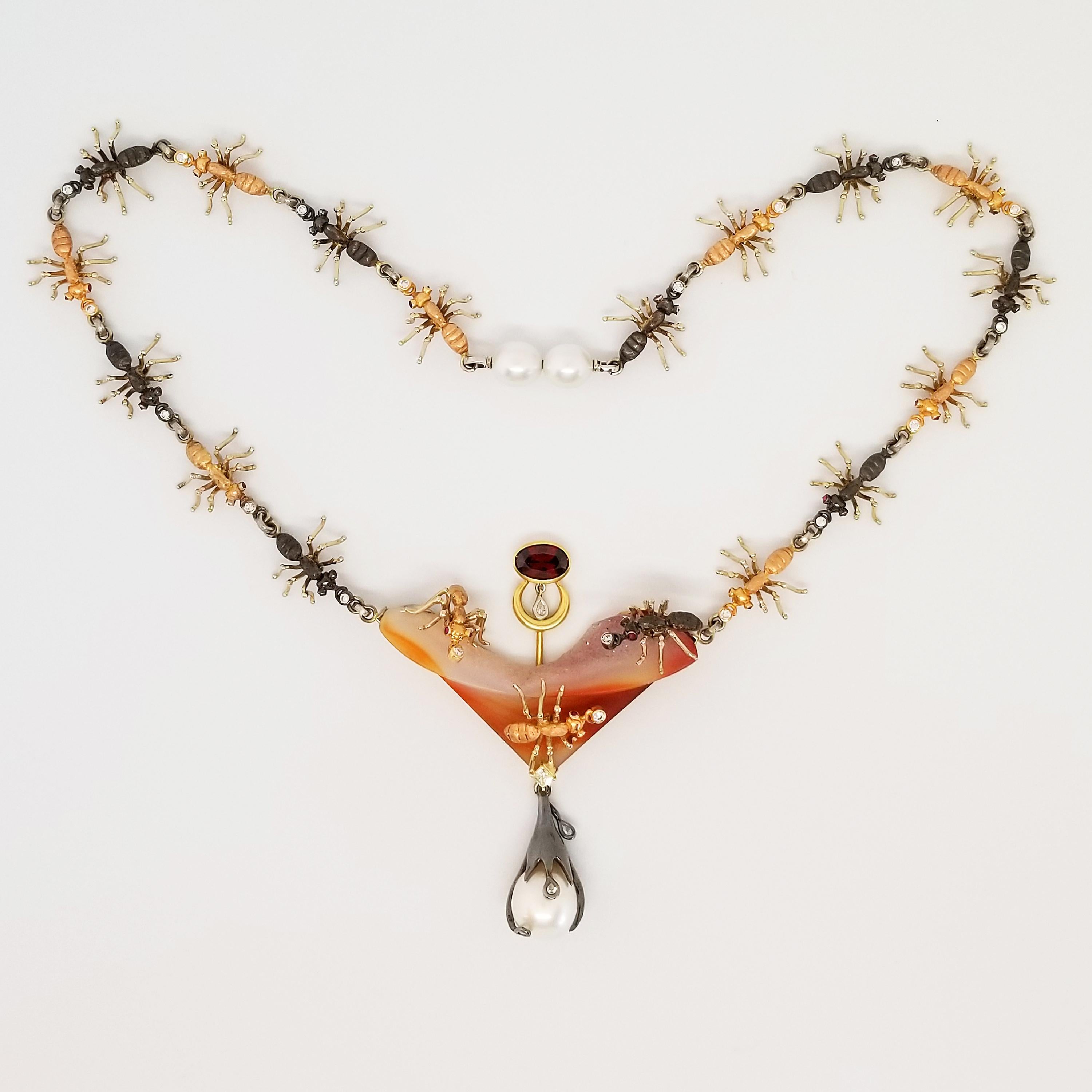 Halskette mit Ameisen-Insekten-Halskette, Gold Platin Rubin Rot Zirkon Diamant Südseeperlen-Achat im Angebot 4