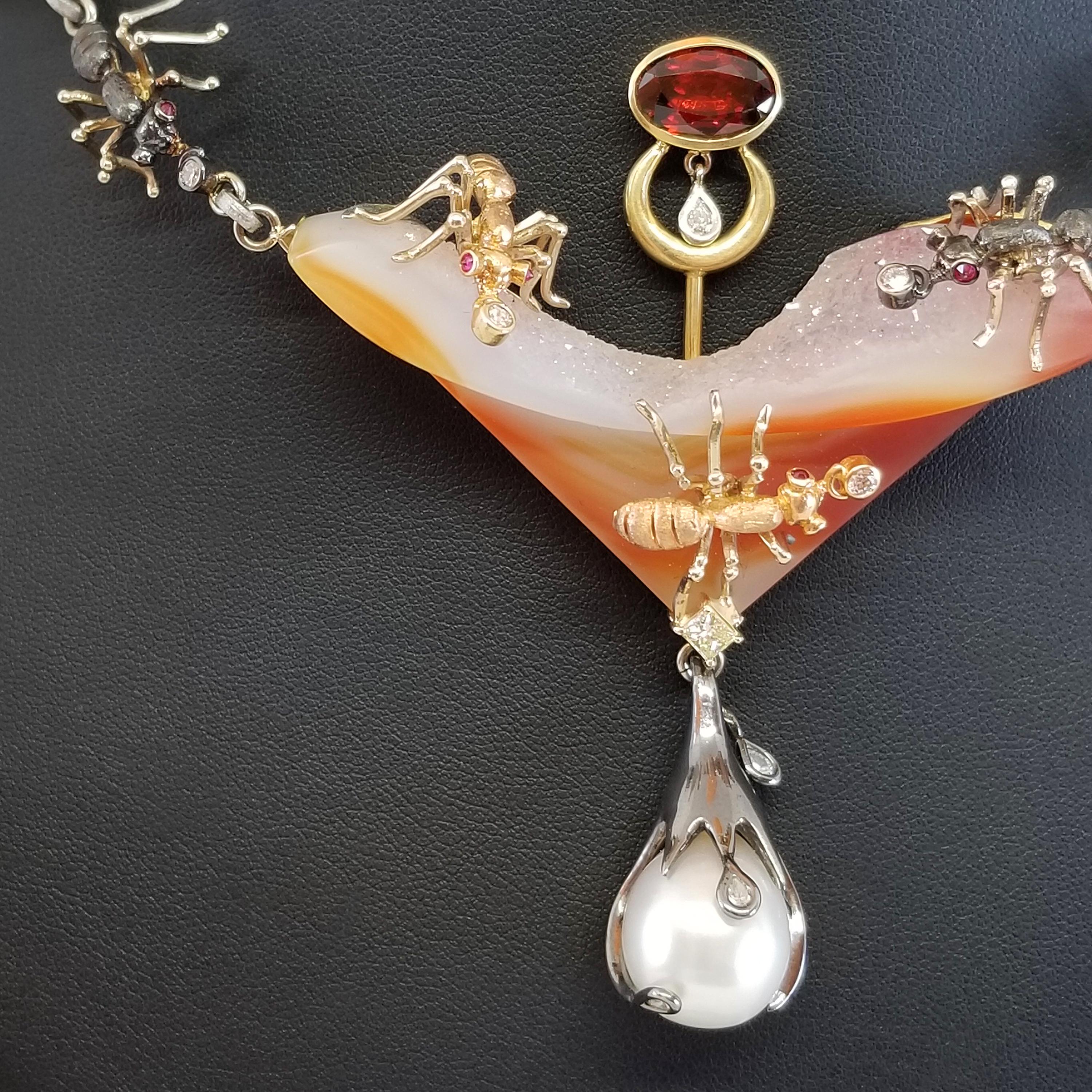 Ant Insect Necklace Gold Platinum Ruby Red Zircon Diamond South Sea Pearl Agate For Sale 4