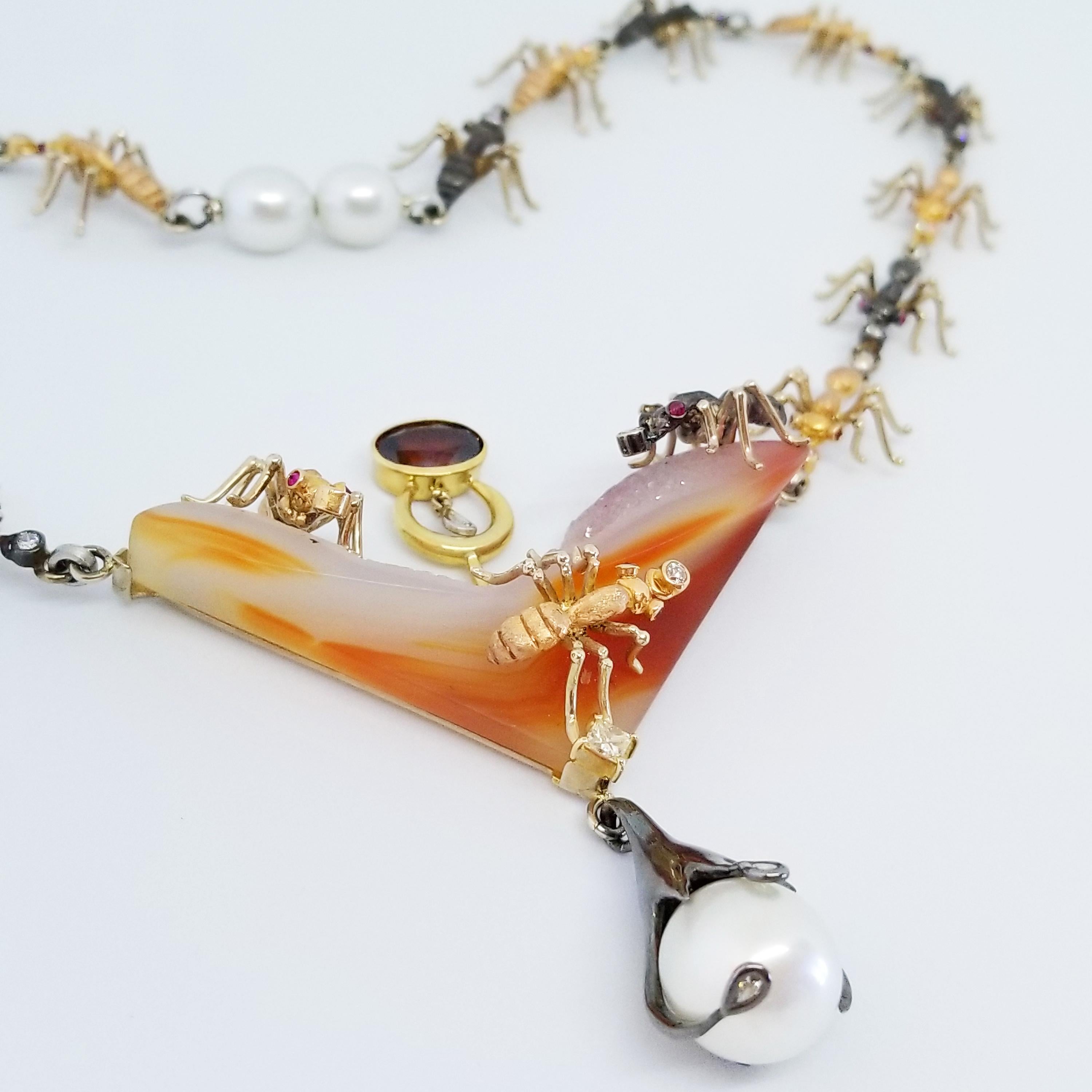Artisan Ant Insect Necklace Gold Platinum Ruby Red Zircon Diamond South Sea Pearl Agate For Sale