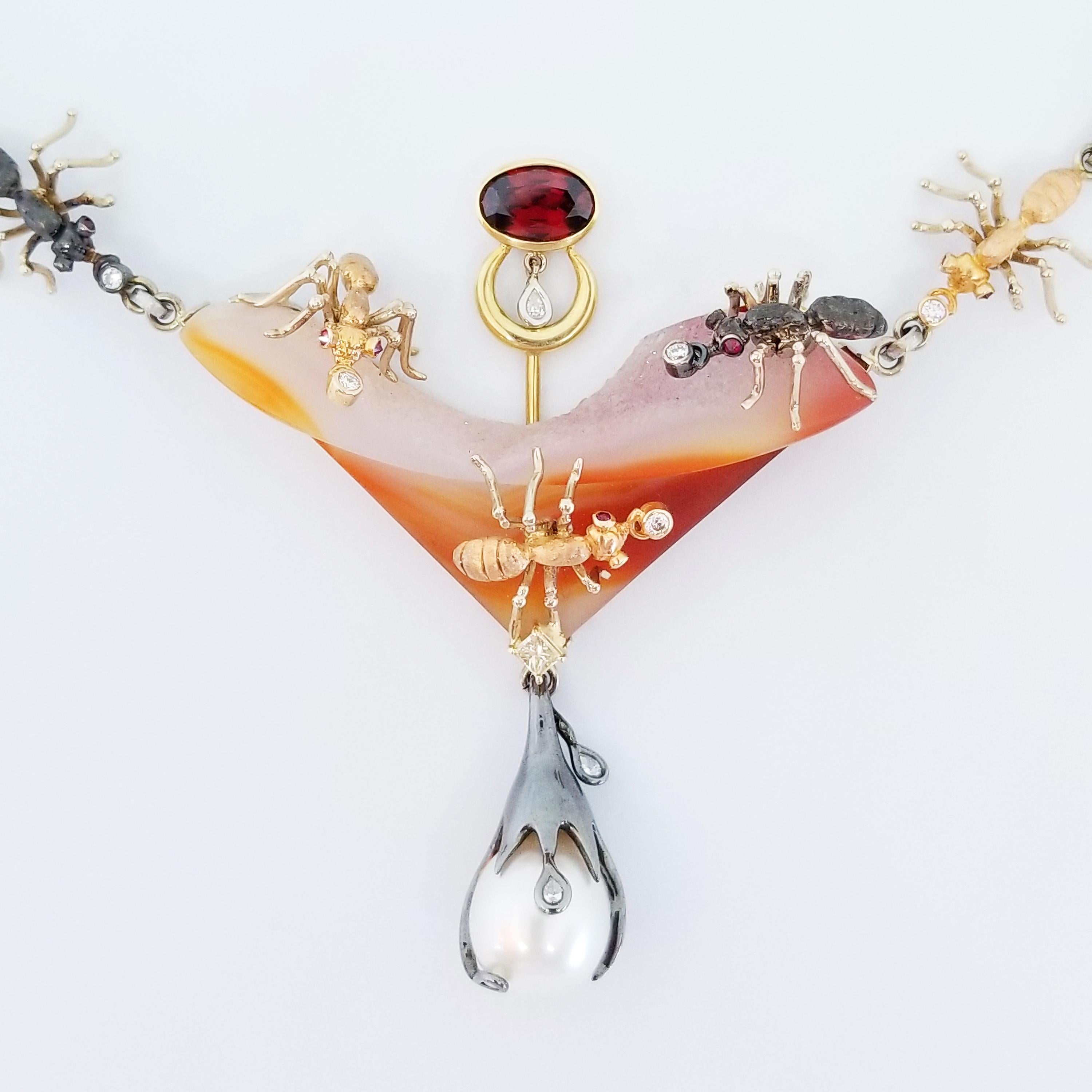 Mixed Cut Ant Insect Necklace Gold Platinum Ruby Red Zircon Diamond South Sea Pearl Agate For Sale