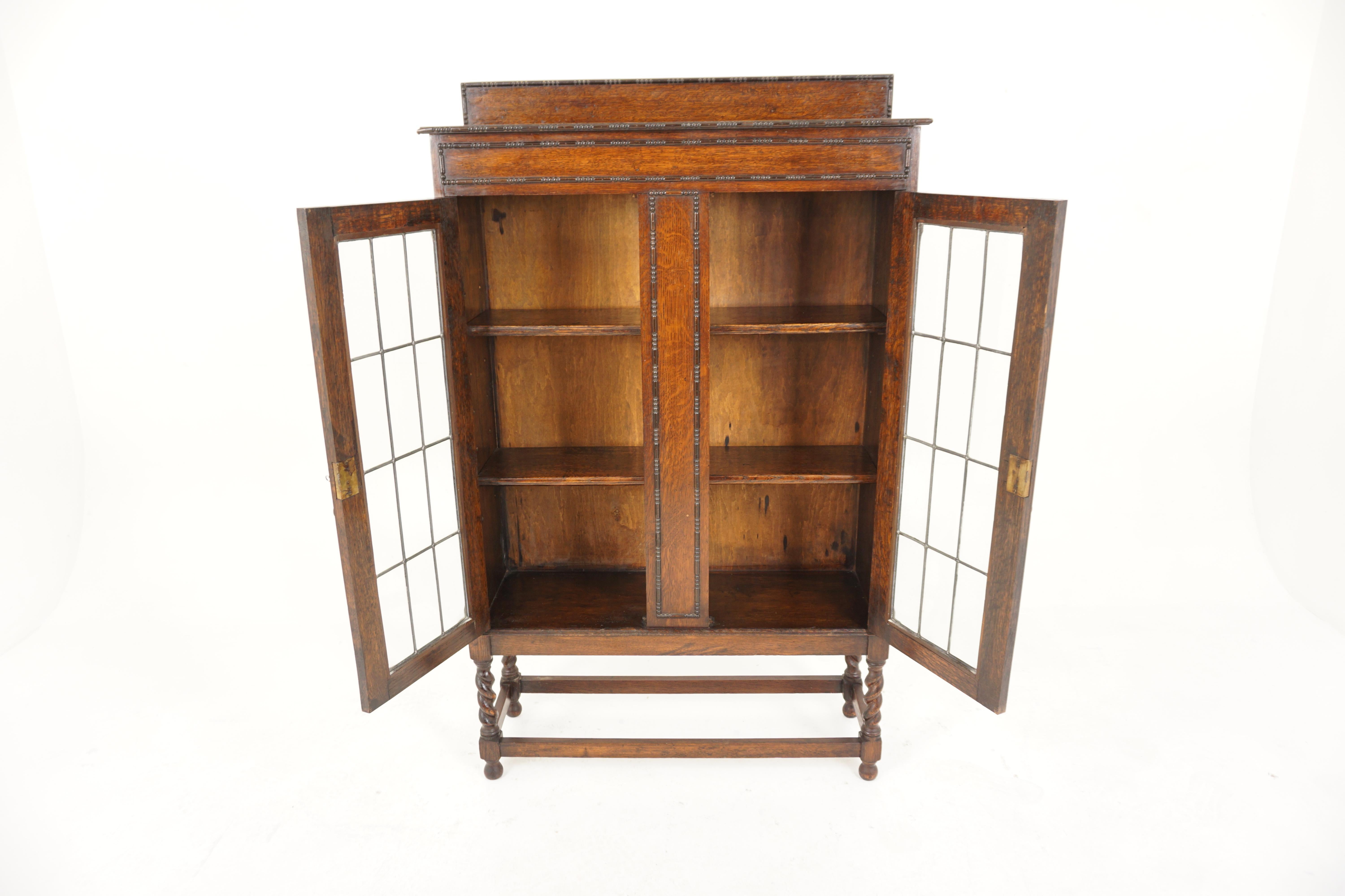 Ant. Leaded Glass Barley Twist Oak Bookcase, Display Cabt., Scotland 1910 1
