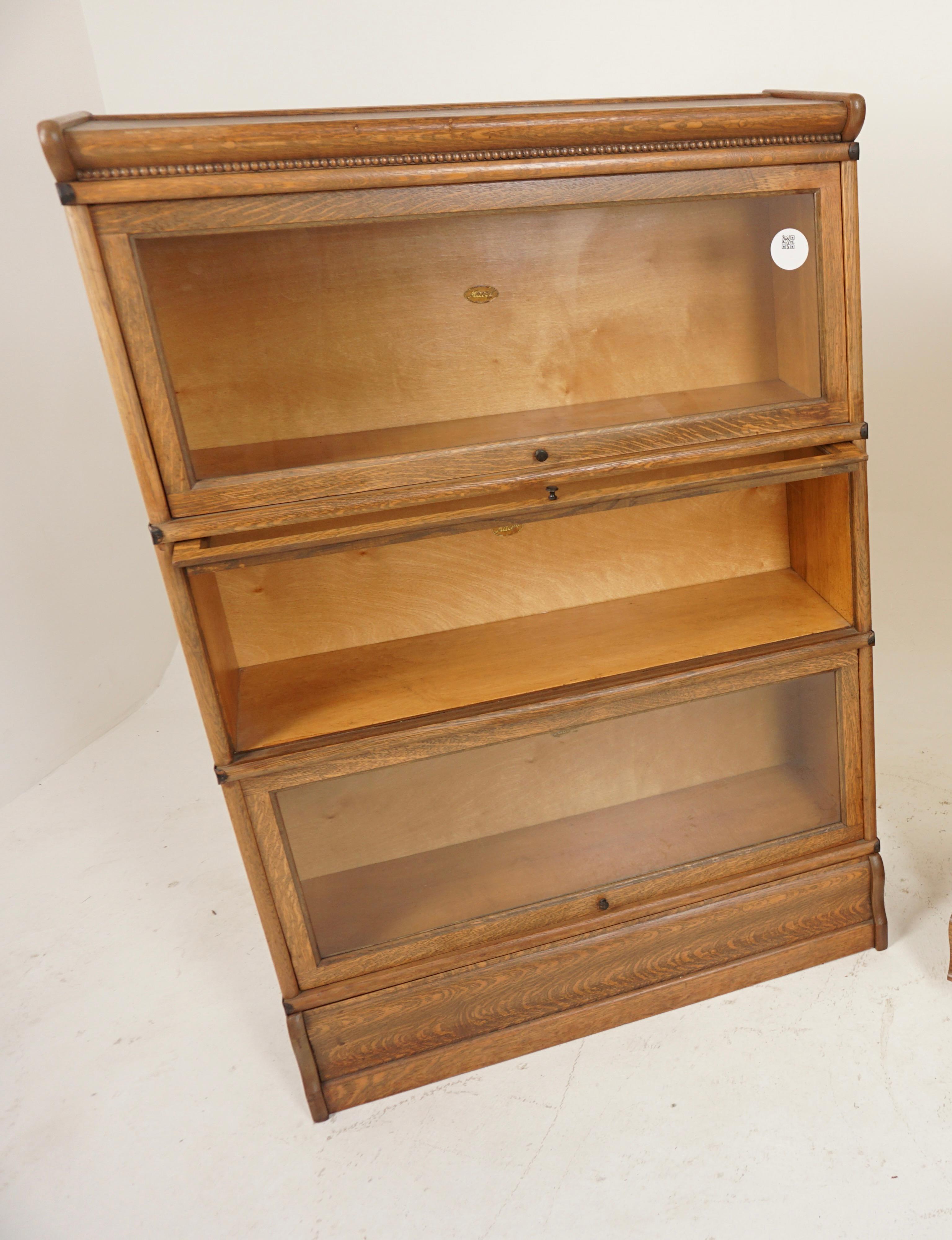 Ant. Macey Tiger Oak 3 Tier Lawyer Barrister Bookcase, American 1910, H686 In Good Condition In Vancouver, BC