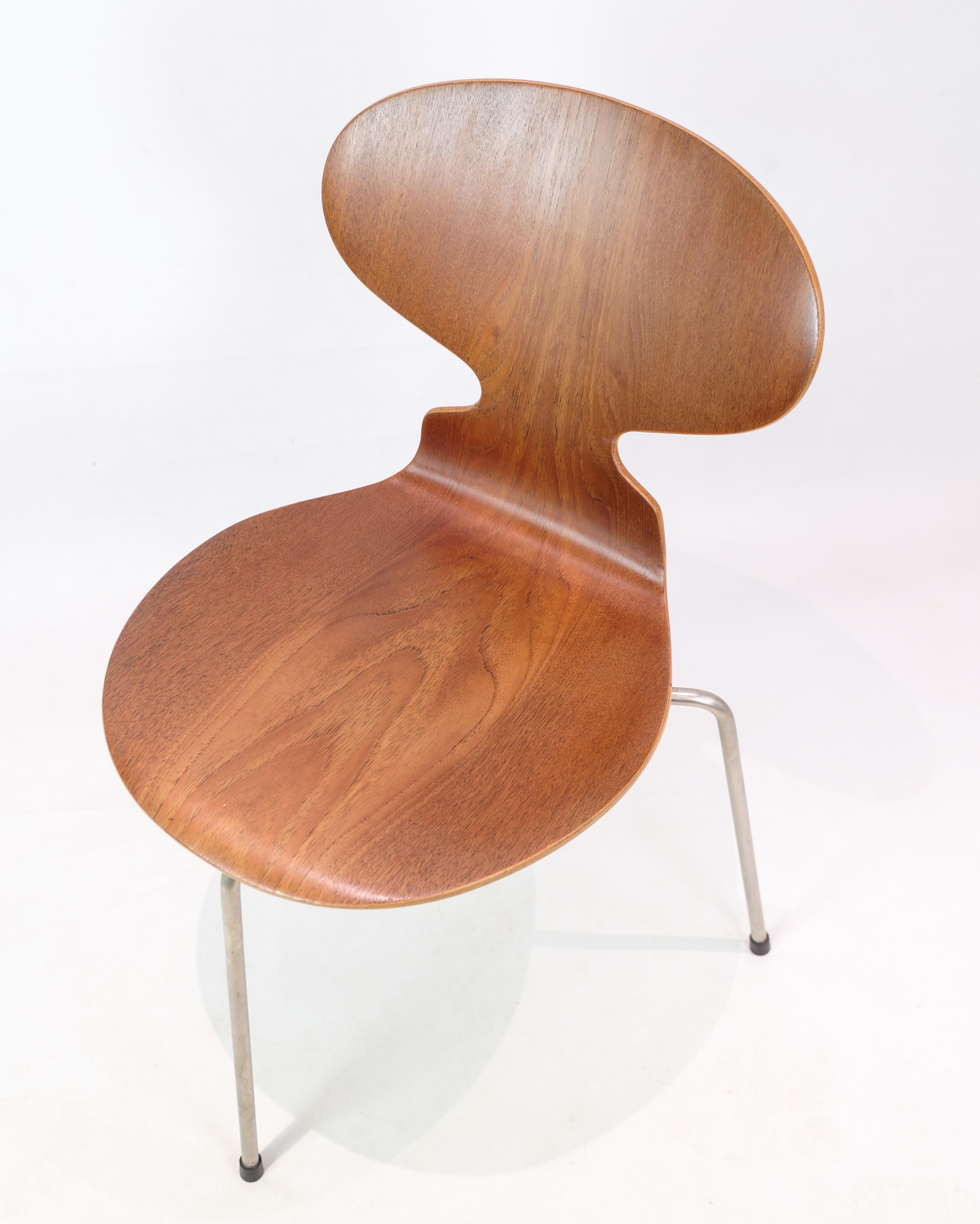 La fourmi, modèle 3100, conçue par Arne Jacobsen (1902-1971) en bois de teck, fabriquée par Fritz Hansen. Cette chaise a trois pieds en métal et est un modèle très précoce, en raison de l'étrier en métal au bas de la chaise. Semble en très bon état