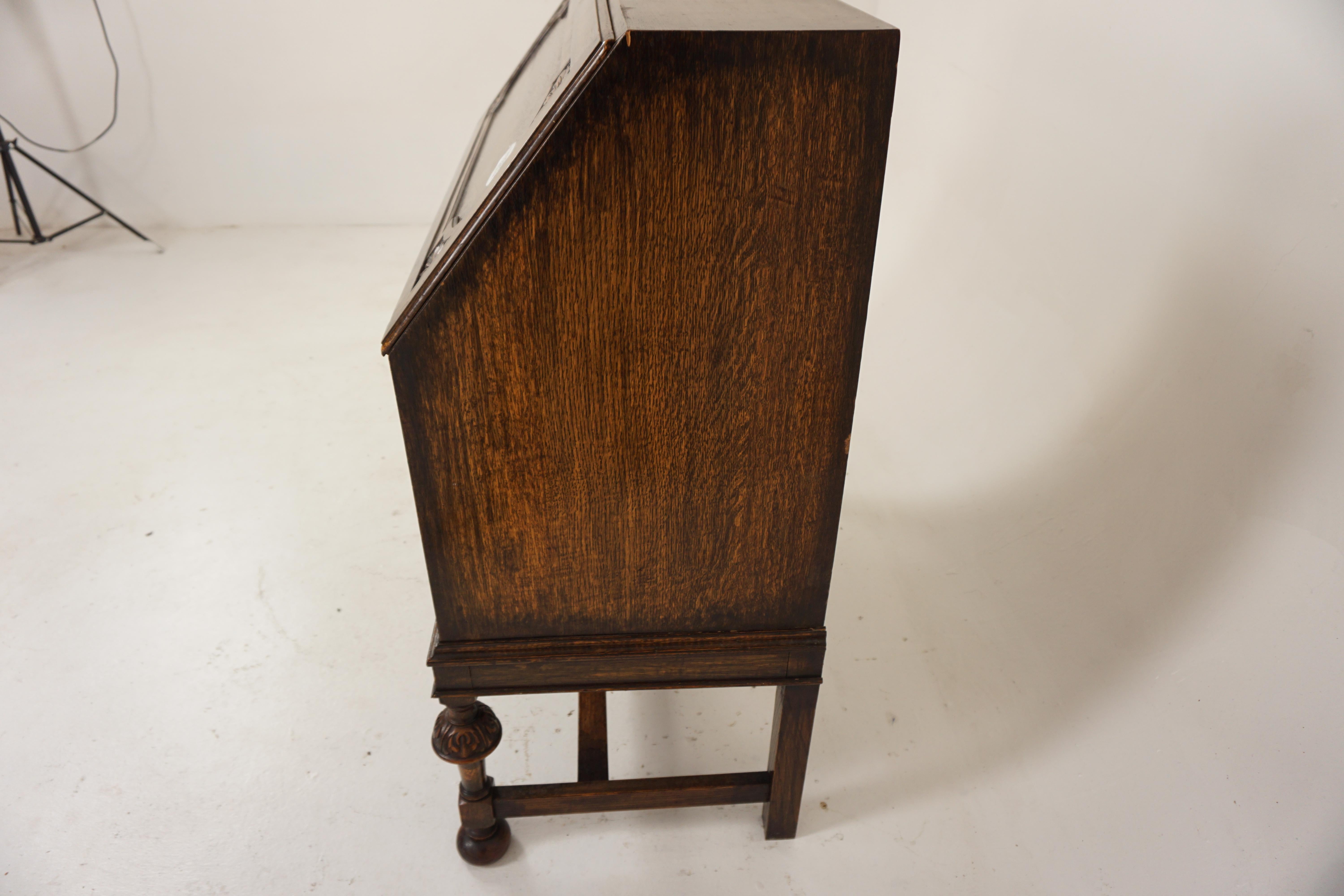Ant. Oak Jacobean Style Slant Front Desk Bureau, Writing, Scotland 1910 For Sale 5