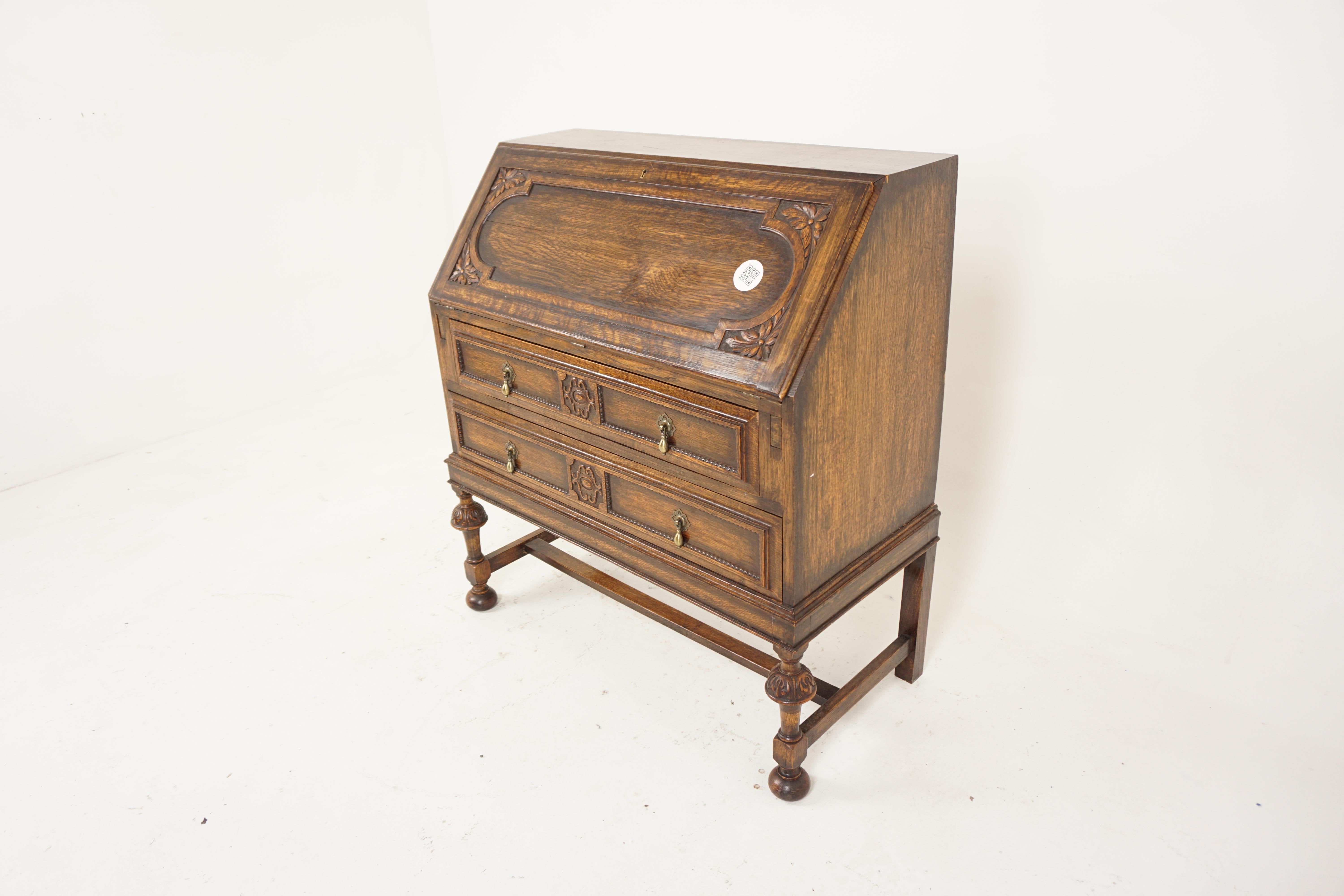 Ant. Oak Jacobean style slant front desk bureau, writing desk, Scotland 1910, H880

$1250
Scotland 1910
Solid Oak
Original finish
Rectangular moulded top
With carved panelled full front lid that opens to reveal eight pigeonholes, pair of