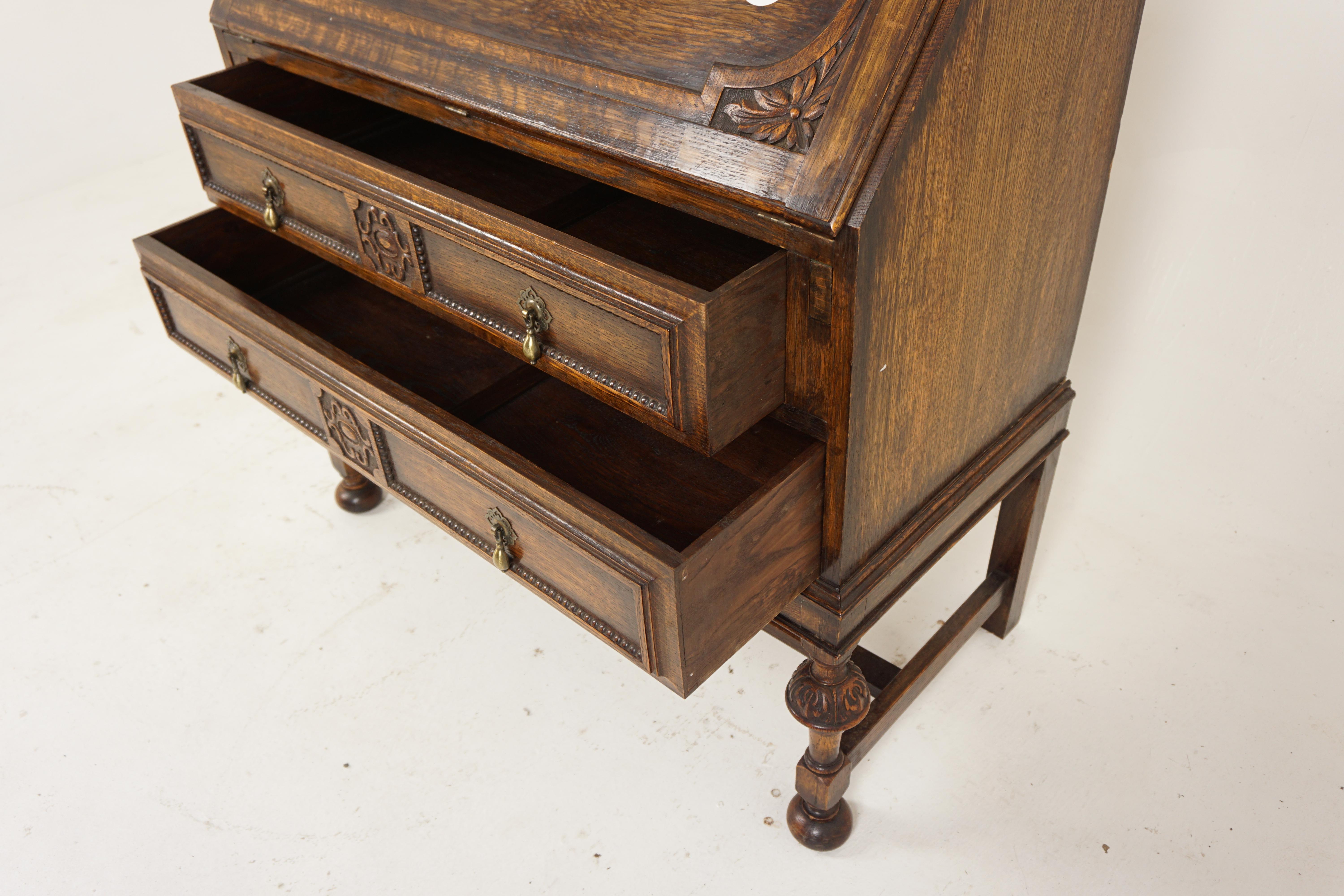 Ant. Oak Jacobean Style Slant Front Desk Bureau, Writing, Scotland 1910 For Sale 2