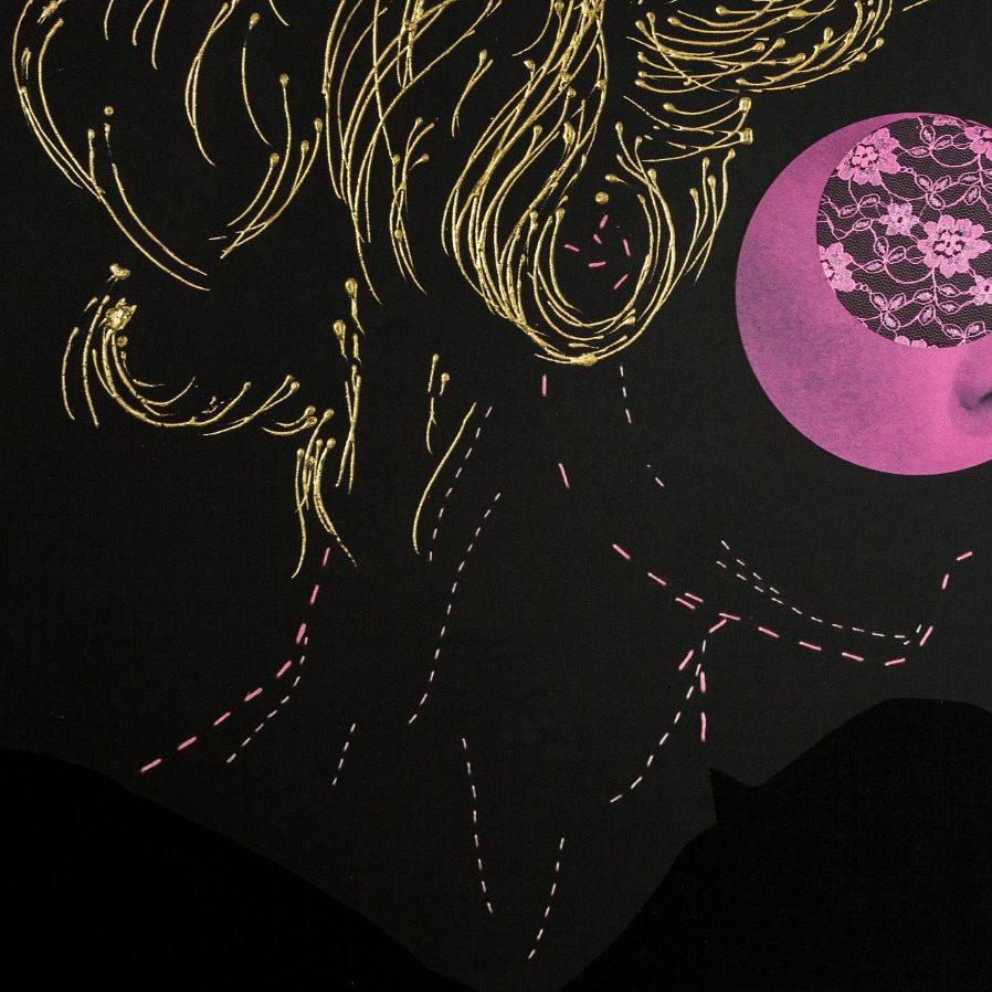 From the Artist Bridget Bardot series
Cotton fabric, lace + thread hand stitch on paper with 24kt gold leaf