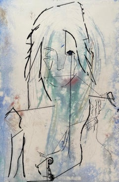 Mädchen in Denim Dungarees #1   Mixed Media-Doppelseitiges figuratives Gemälde