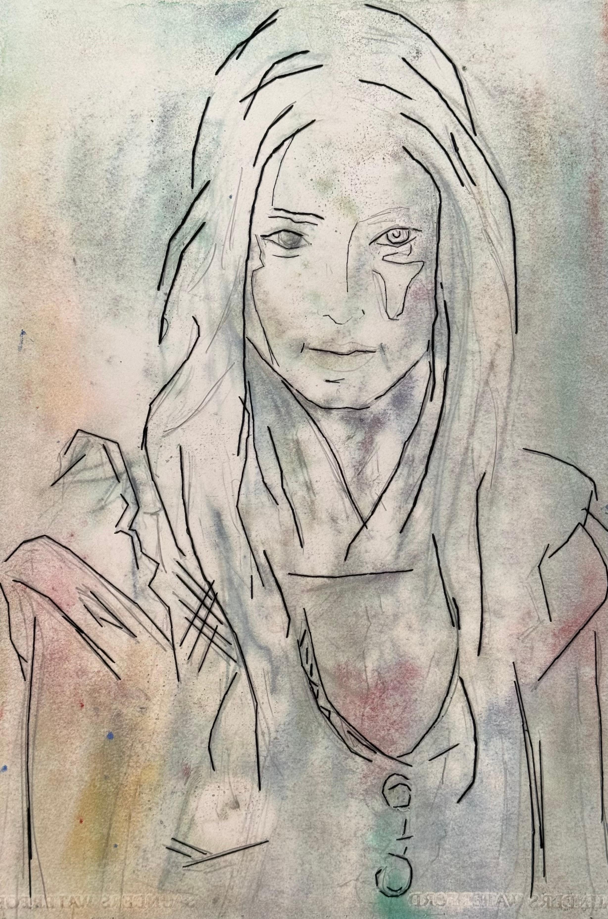 Fille en salopette de jean #2  Peinture figurative double face technique mixte - Contemporain Mixed Media Art par Ant Pearce