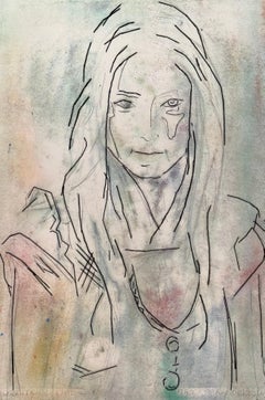 Mädchen in Denim Dungarees #2  Mixed Media-Doppelseitiges figuratives Gemälde