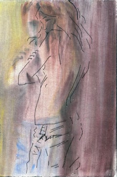 Mädchen in Denim-Jeans 3. Mixed Media, doppelseitiges figuratives Gemälde