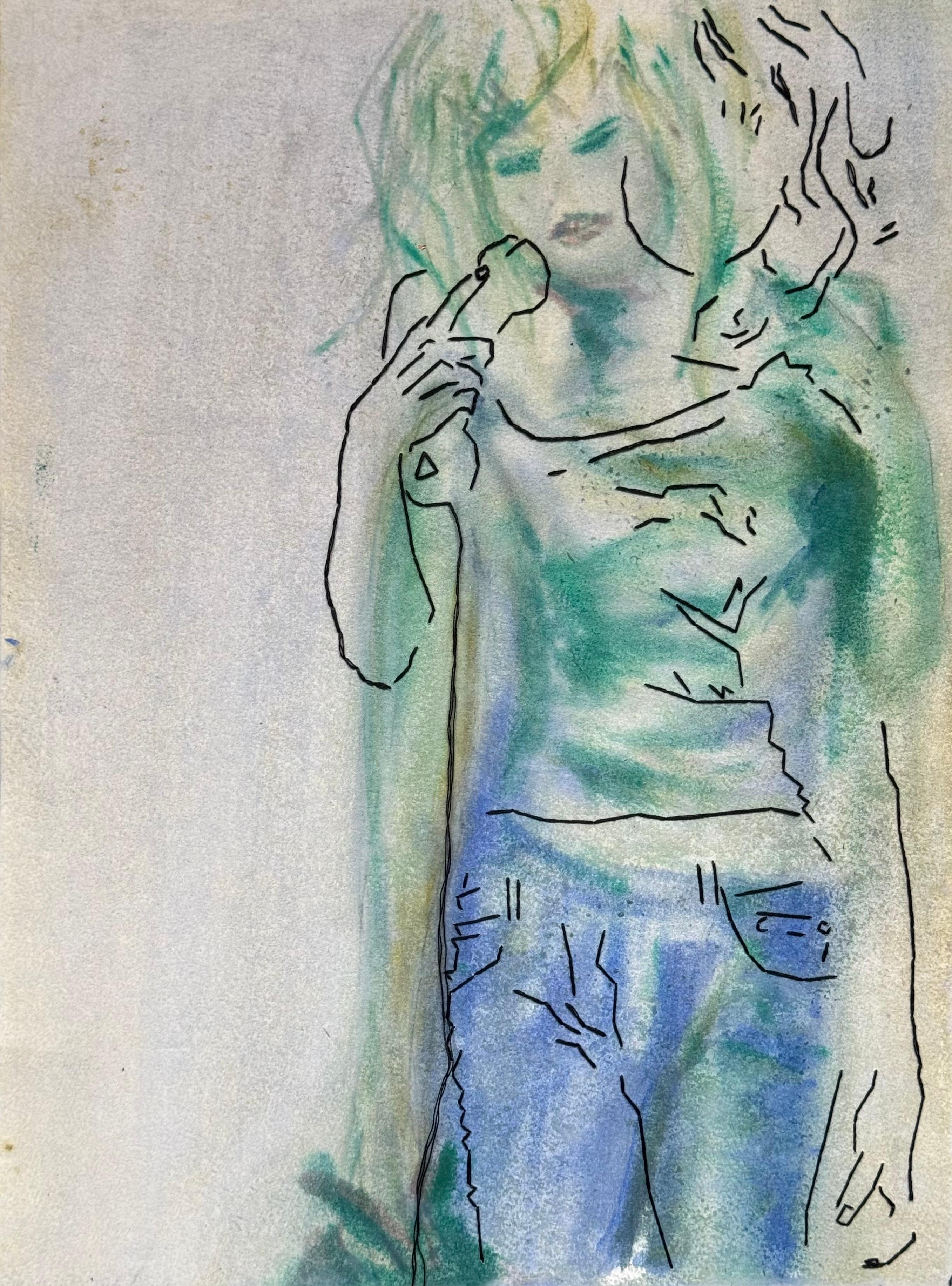 Chica con teléfono 2, Pintura figurativa contemporánea en técnica mixta. Doble cara