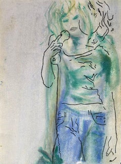 Girl With Phone 2, peinture figurative contemporaine en techniques mixtes. Double face