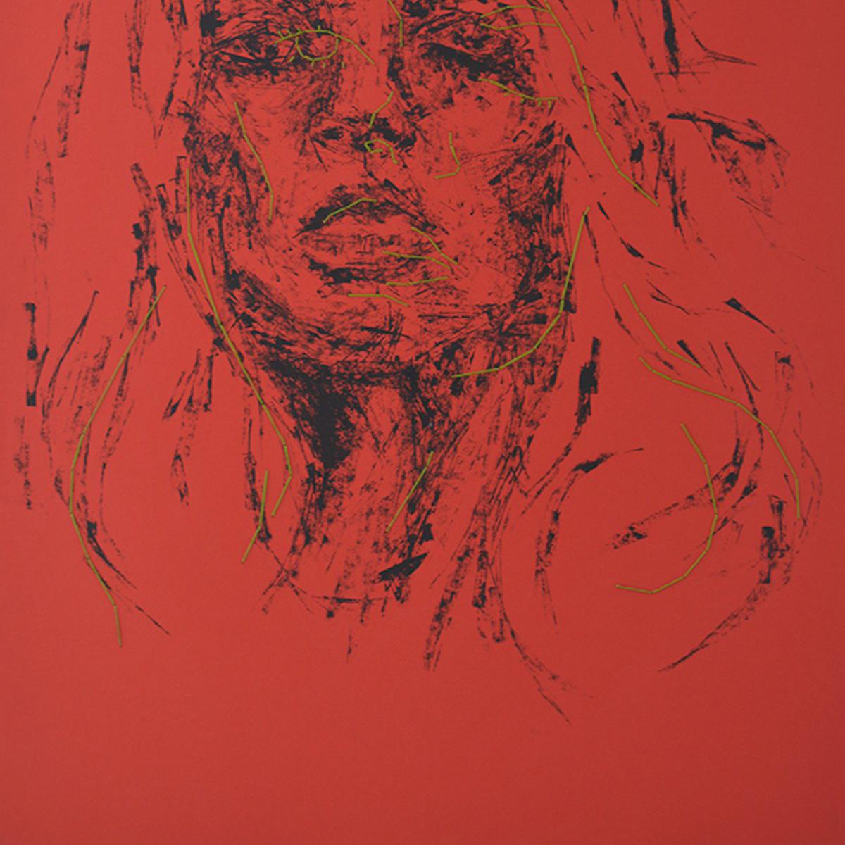 Artist continuesthe exploration of kate Moss.
Water based ink and cotton sewn on paper