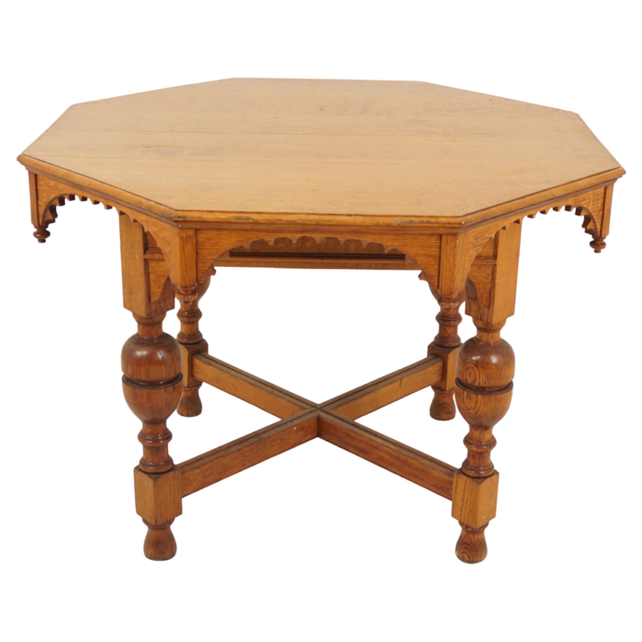 Ant. Victorian Arts + Crafts Oak Octagonal Center Table, Scotland 1890, H940 For Sale