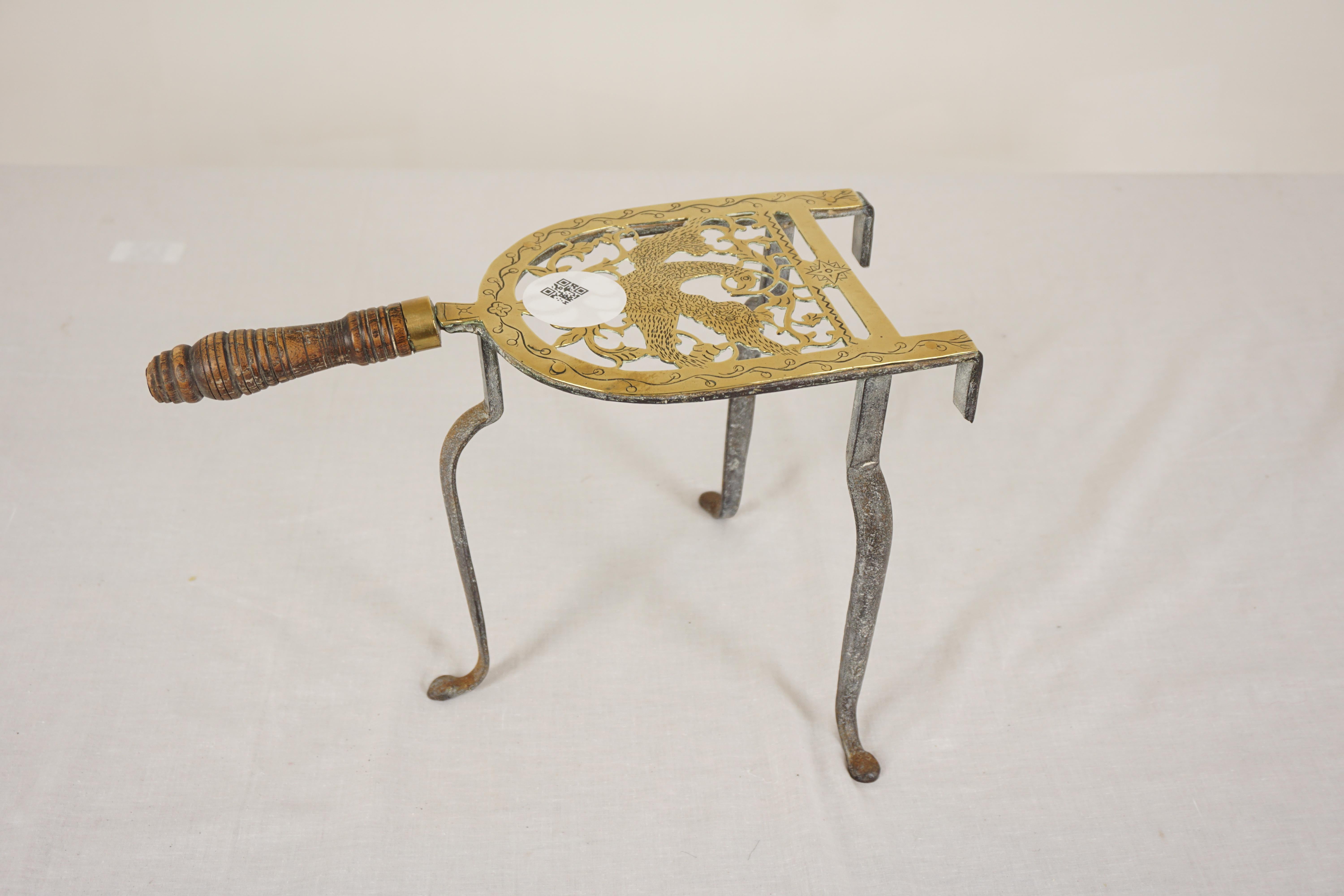 Ant. Victorian Brass Trivet, Kettle Stand, Decorative Stand, Scotland 1840, H1034

Scotland 1840
Solid Brass (embossed with bird)
Other embossed on top
Turned walnut handle
All standing cabriole metal legs
All original and in good
