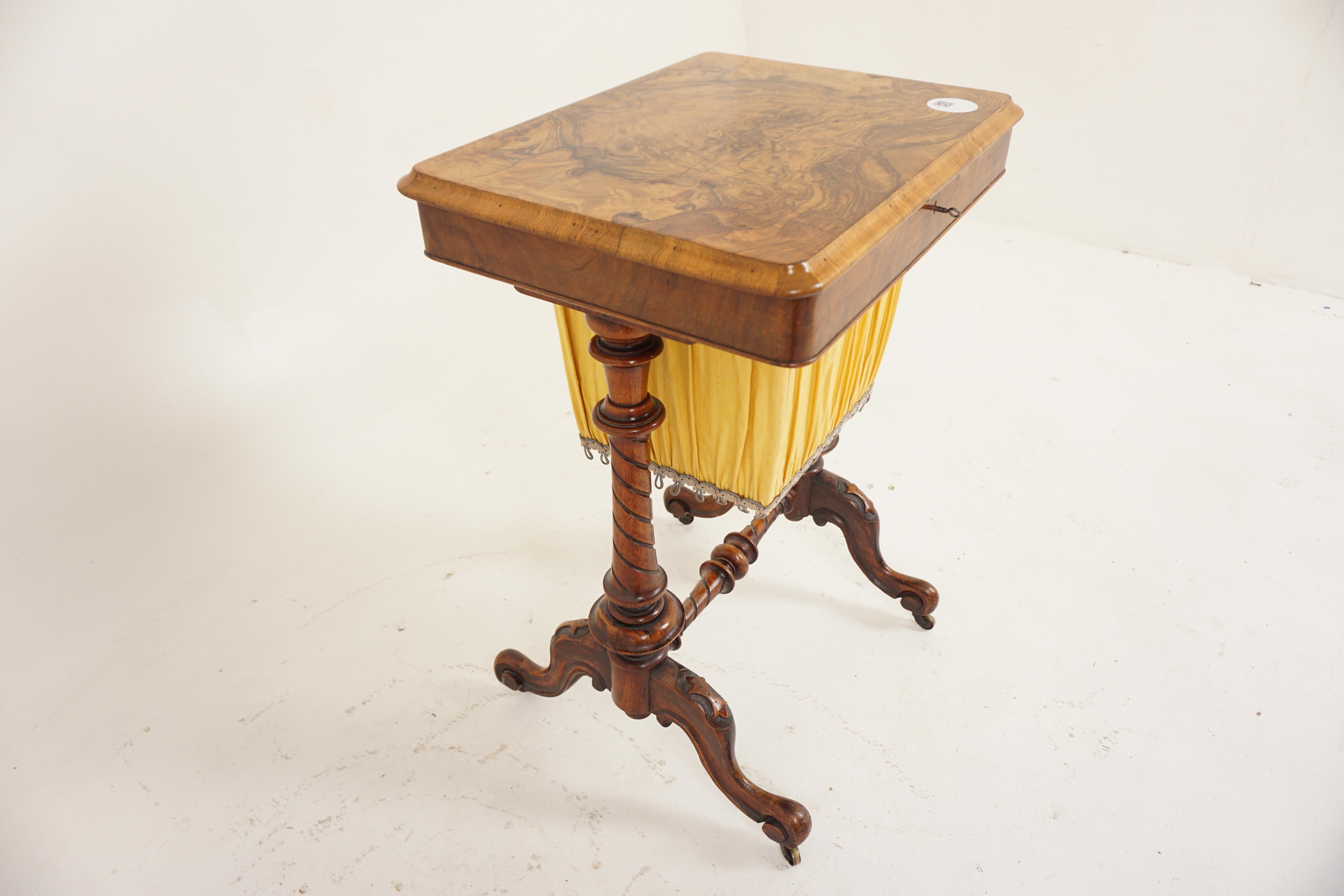 Ant. Victorian Burr Walnut Sewing Box on Carved Legs, Table, Scotland 1850, H688 For Sale 4