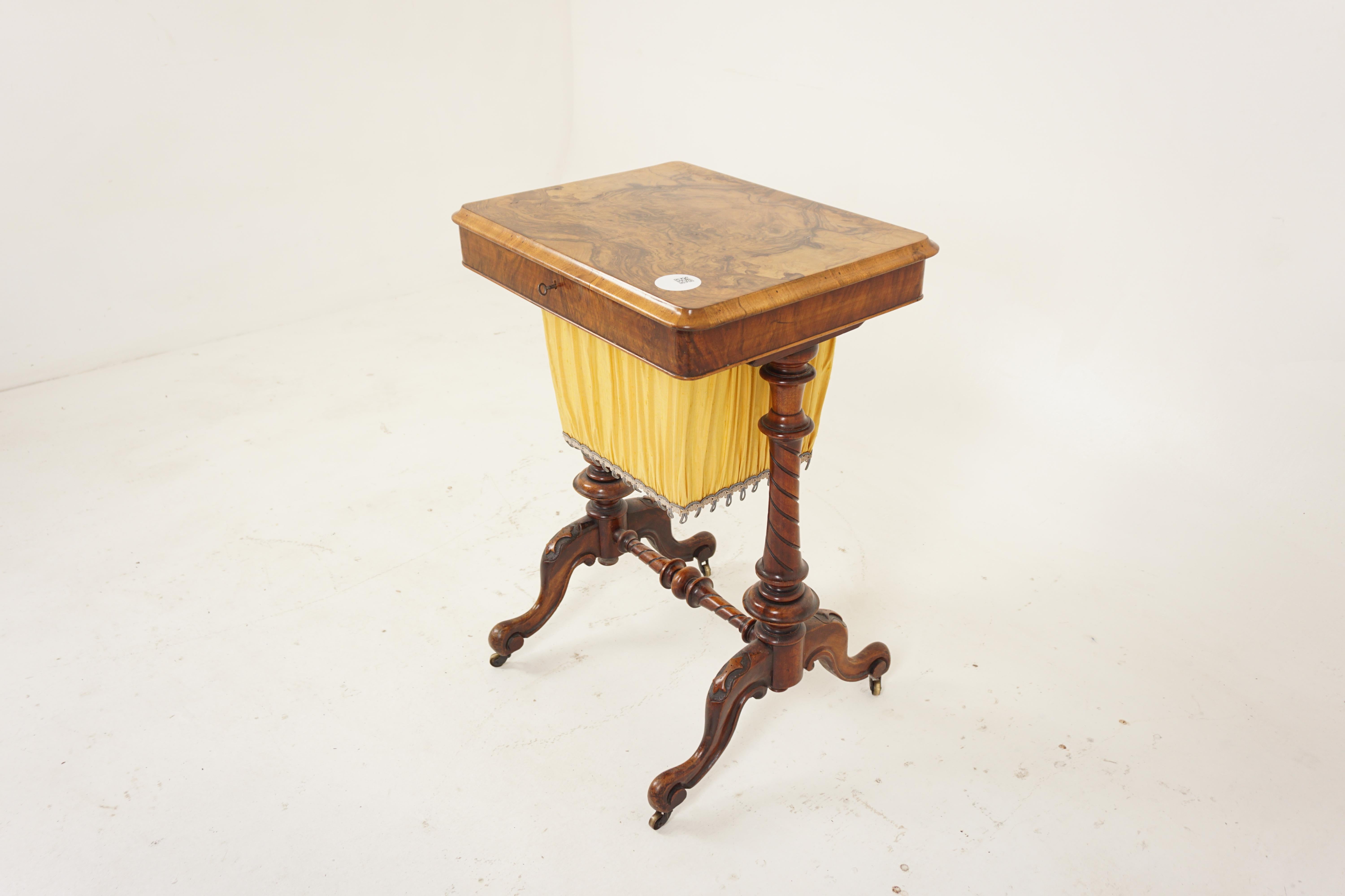 Ant. Victorian Burr Walnut Sewing Box on Carved Legs, Table, Scotland 1850, H688

Scotland 1850
Solid Walnut + Veneers
Original Finish
Beautiful veneered lift up top with moulded edge
Fitted with intricate cubby holes
With silk pleated sewing box