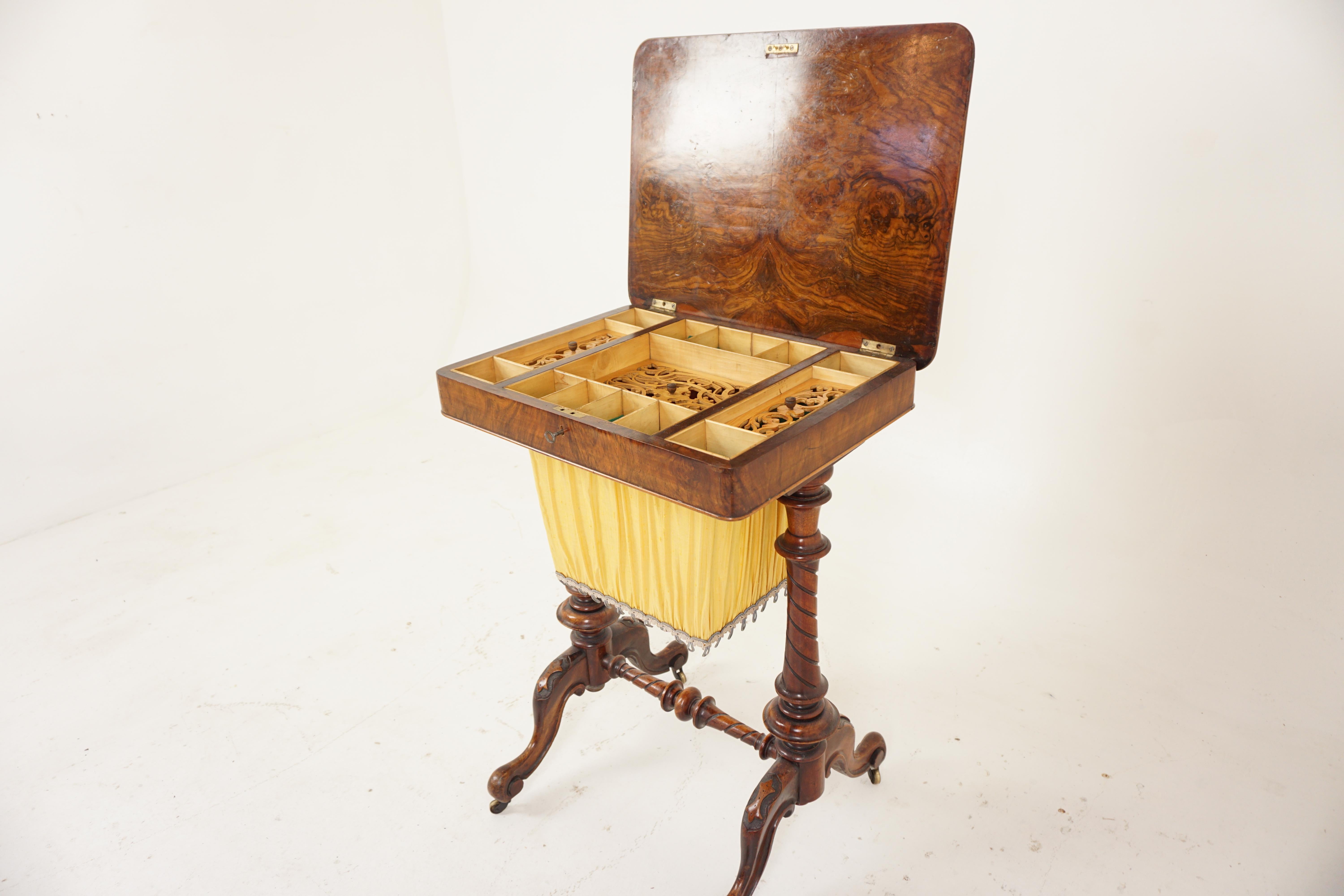 Ant. Victorian Burr Walnut Sewing Box on Carved Legs, Table, Scotland 1850, H688 In Good Condition For Sale In Vancouver, BC