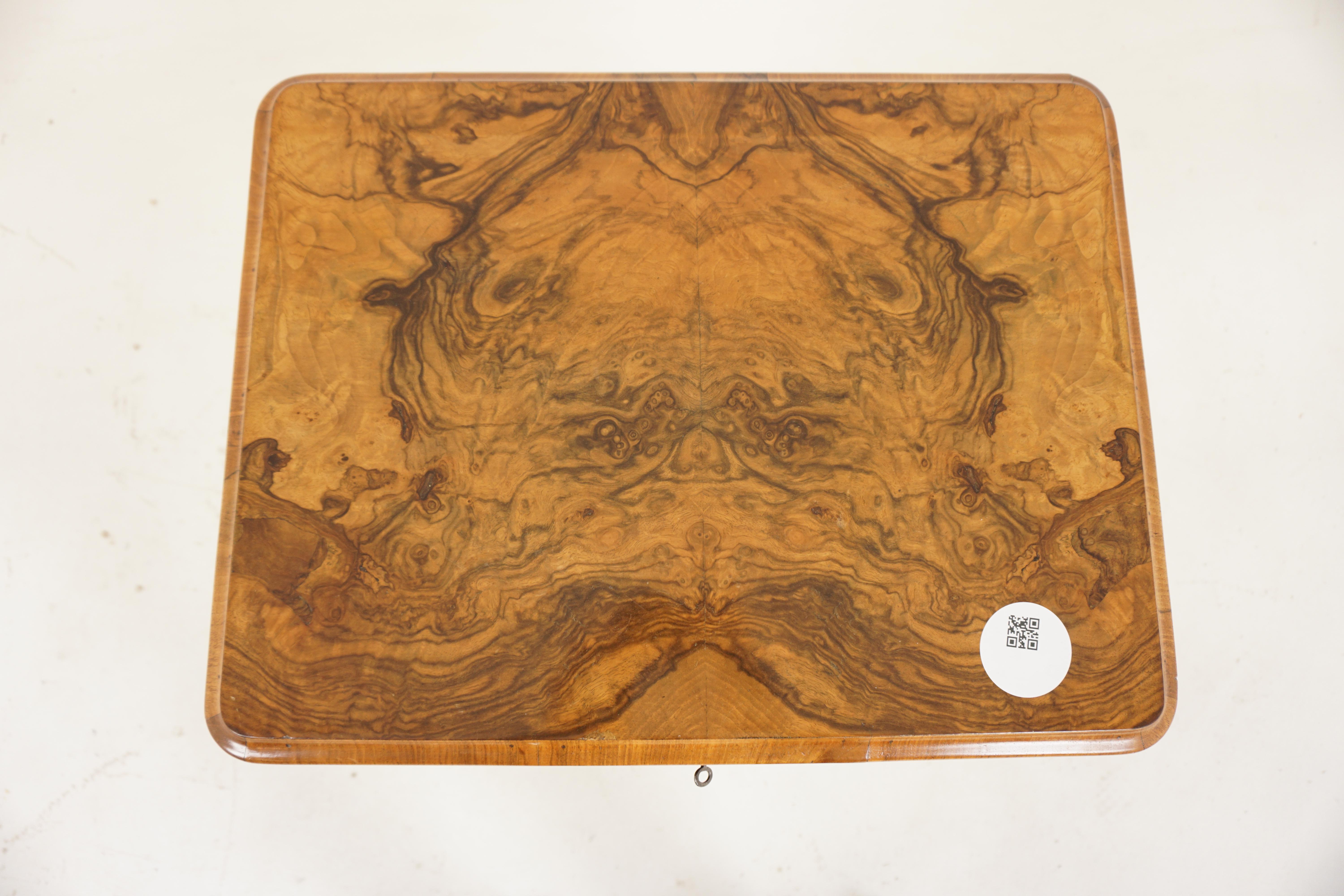 Ant. Viktorianische Nähkasten aus Wurzelnussholz auf geschnitzten Beinen, Tisch, Schottland 1850, H688 1