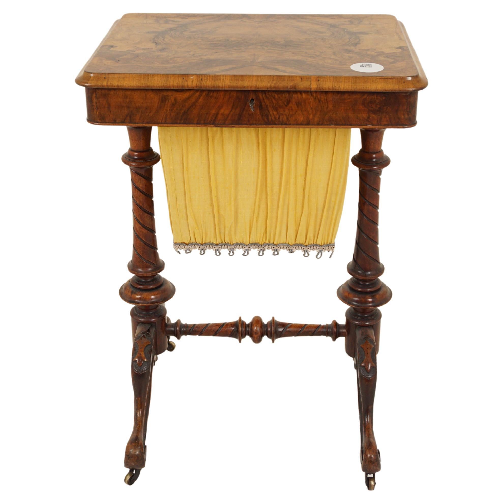 Ant. Victorian Burr Walnut Sewing Box on Carved Legs, Table, Scotland 1850, H688 For Sale