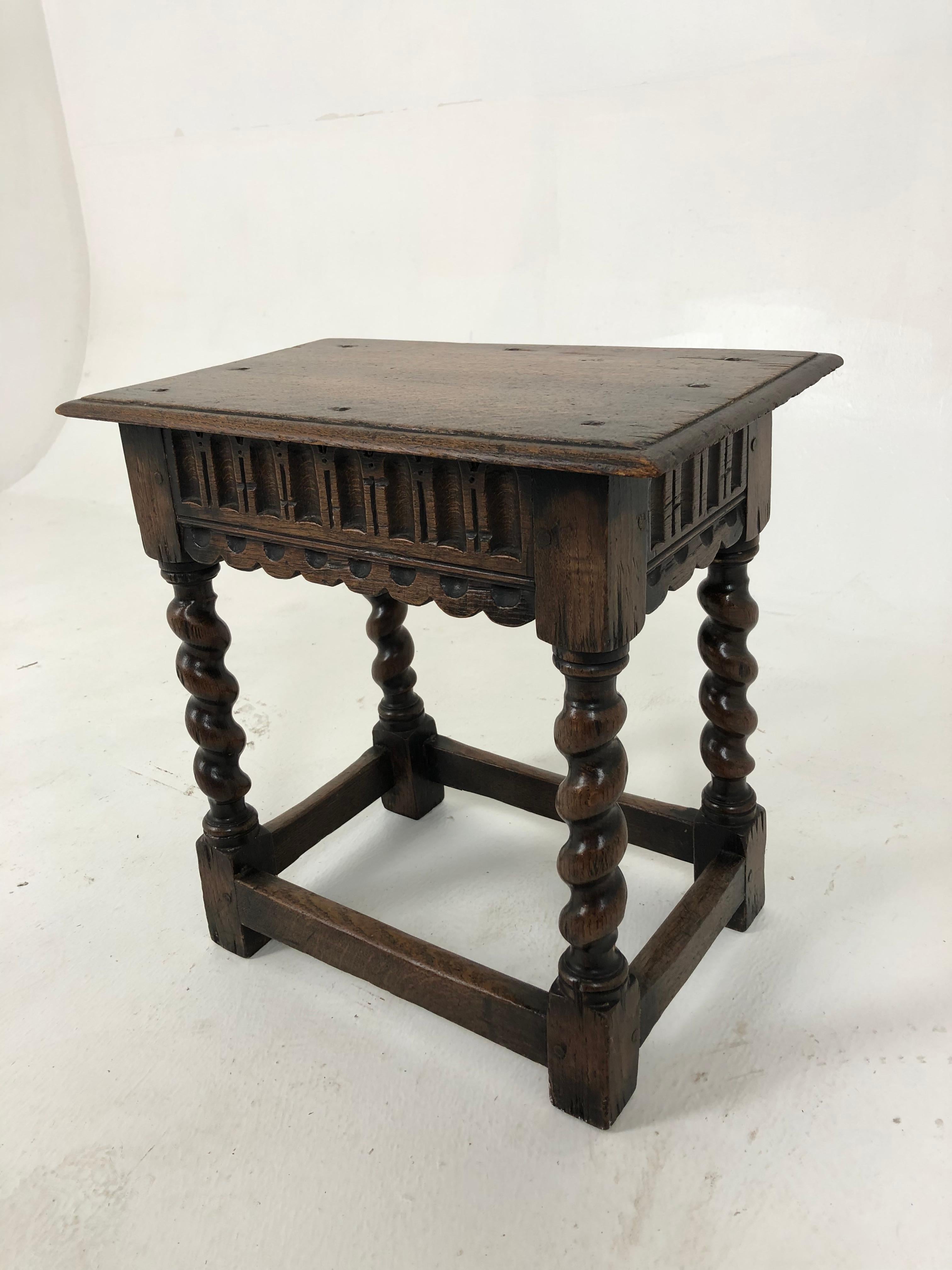 Antique Victorian Carved Barley Twist Oak Joint Stool, Bench, Table, Scotland 1890, H836

Scotland 1890
Solid Oak
Original Finish 
Rectangular moulded top 
Carved frieze underneath
All standing on thick barley twist legs
Connected with worn oak