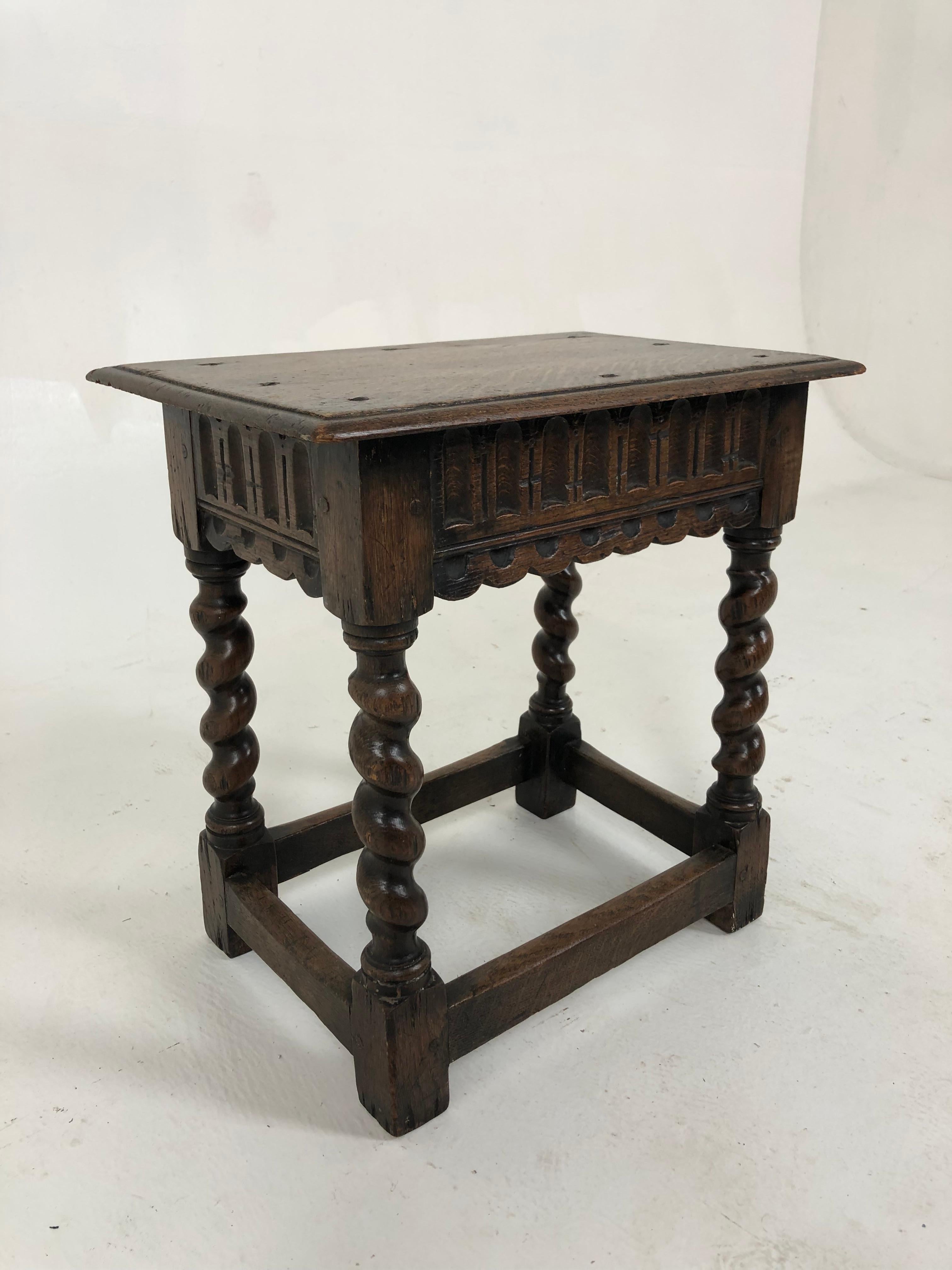 Scottish Ant. Victorian Carved Barley Twist Oak Joint Stool, Table, Scotland 1890, H836