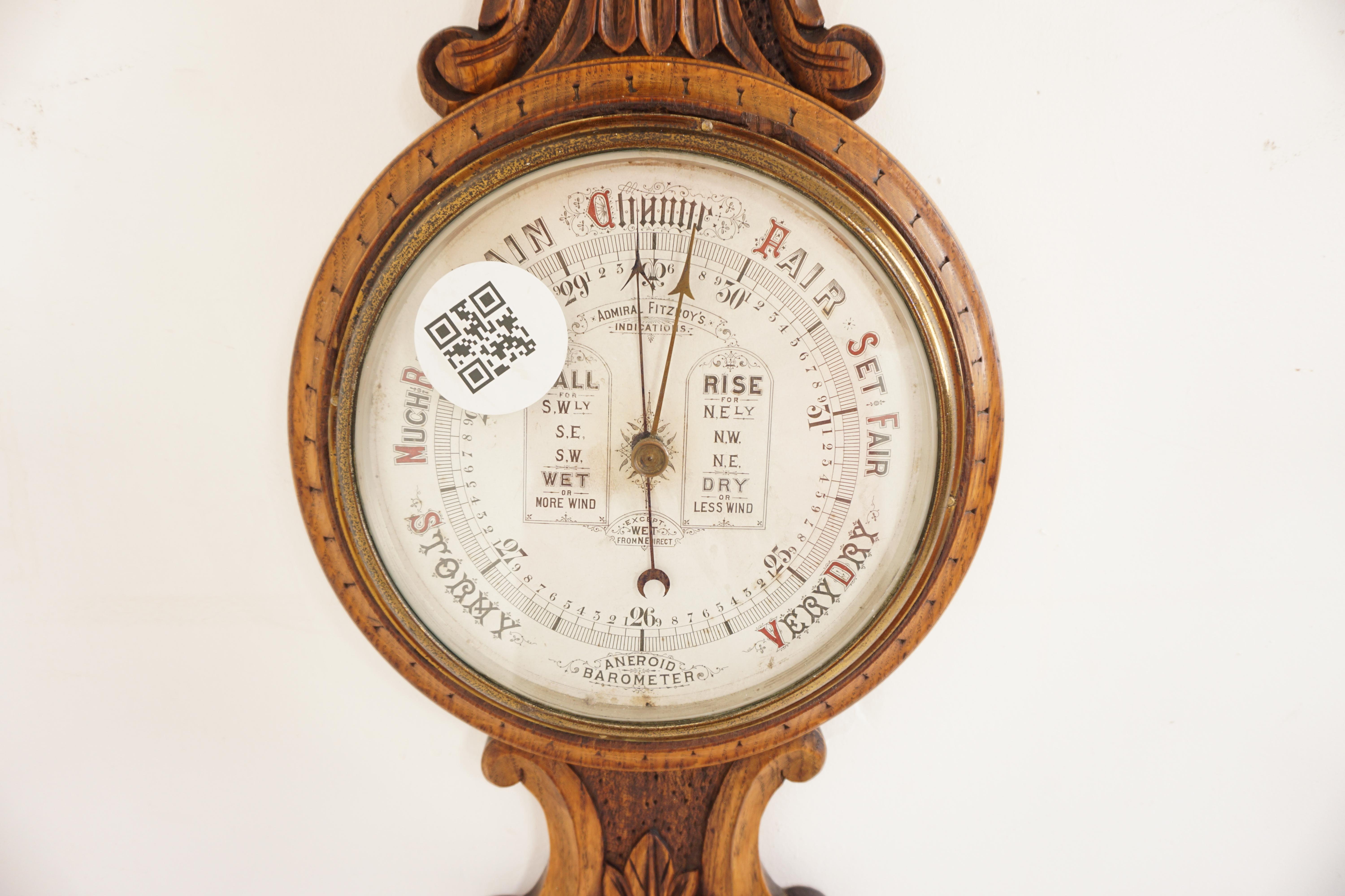 Ant. Victorian Carved Oak Aneroid Barometer, Scotland 1900, H764 In Good Condition For Sale In Vancouver, BC