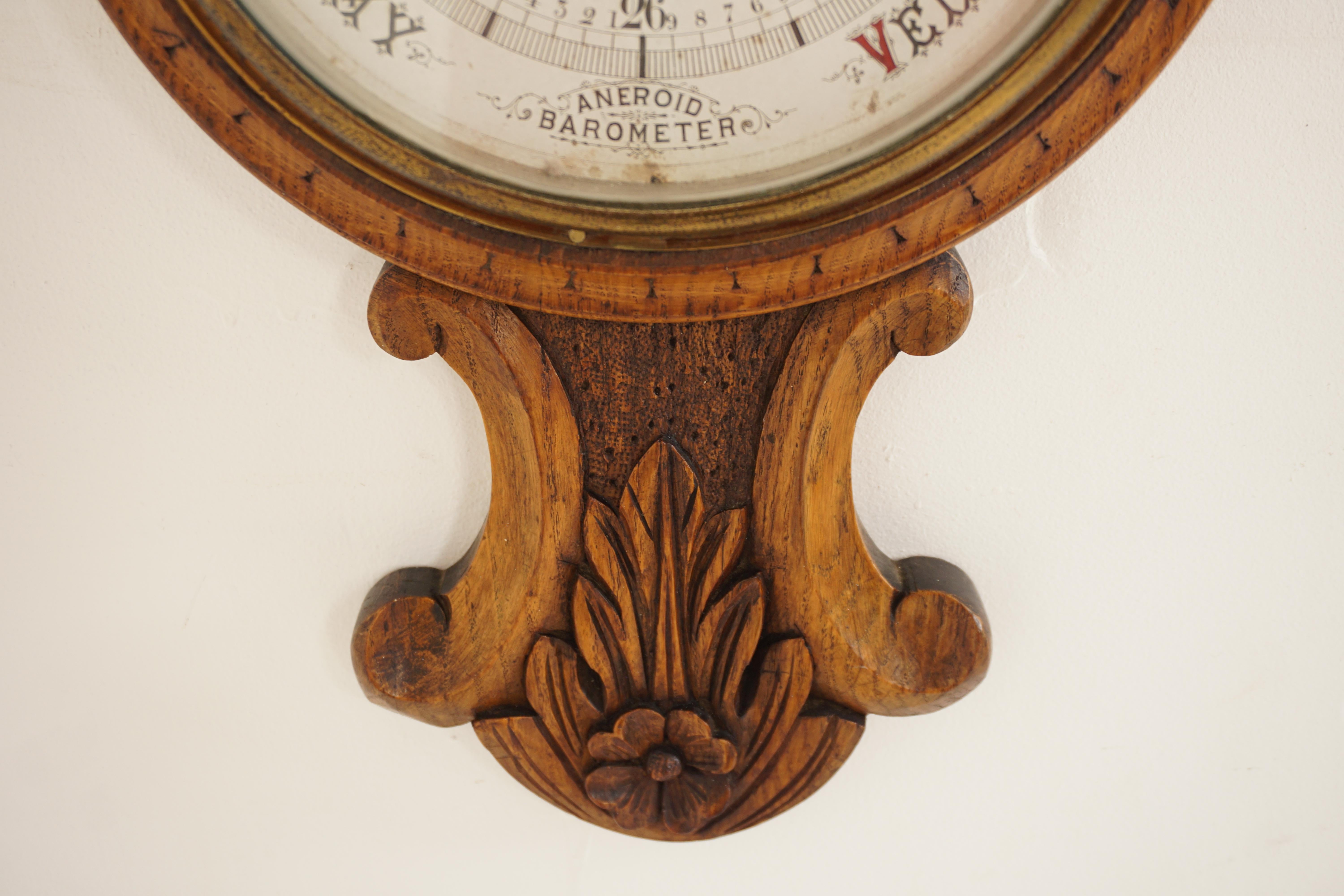 Ant. Victorian Carved Oak Aneroid Barometer, Scotland 1900, H764 For Sale 2
