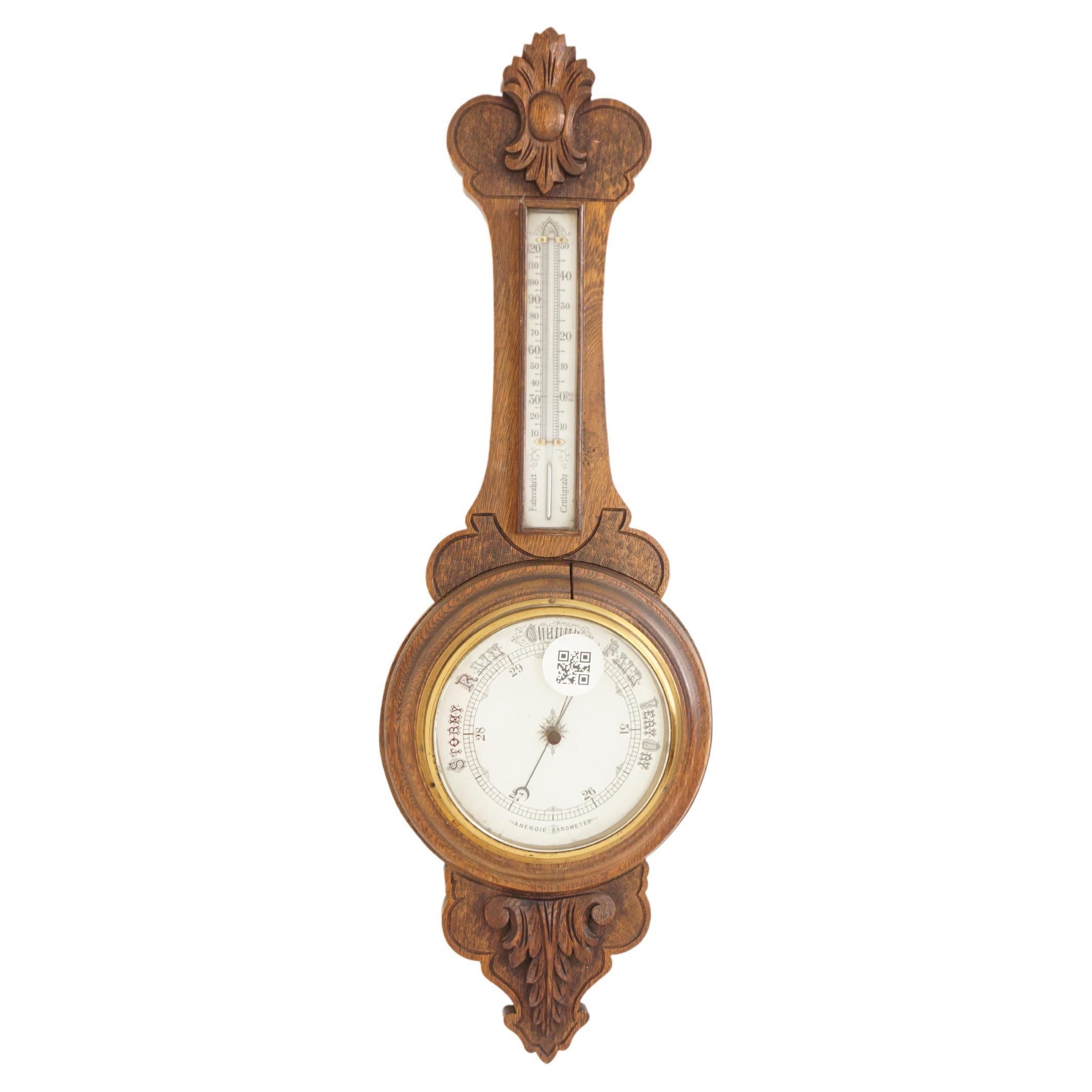 Ant. Viktorianisches Aneroid-Barometer aus geschnitzter Eiche, Schottland 1900, H854 im Angebot