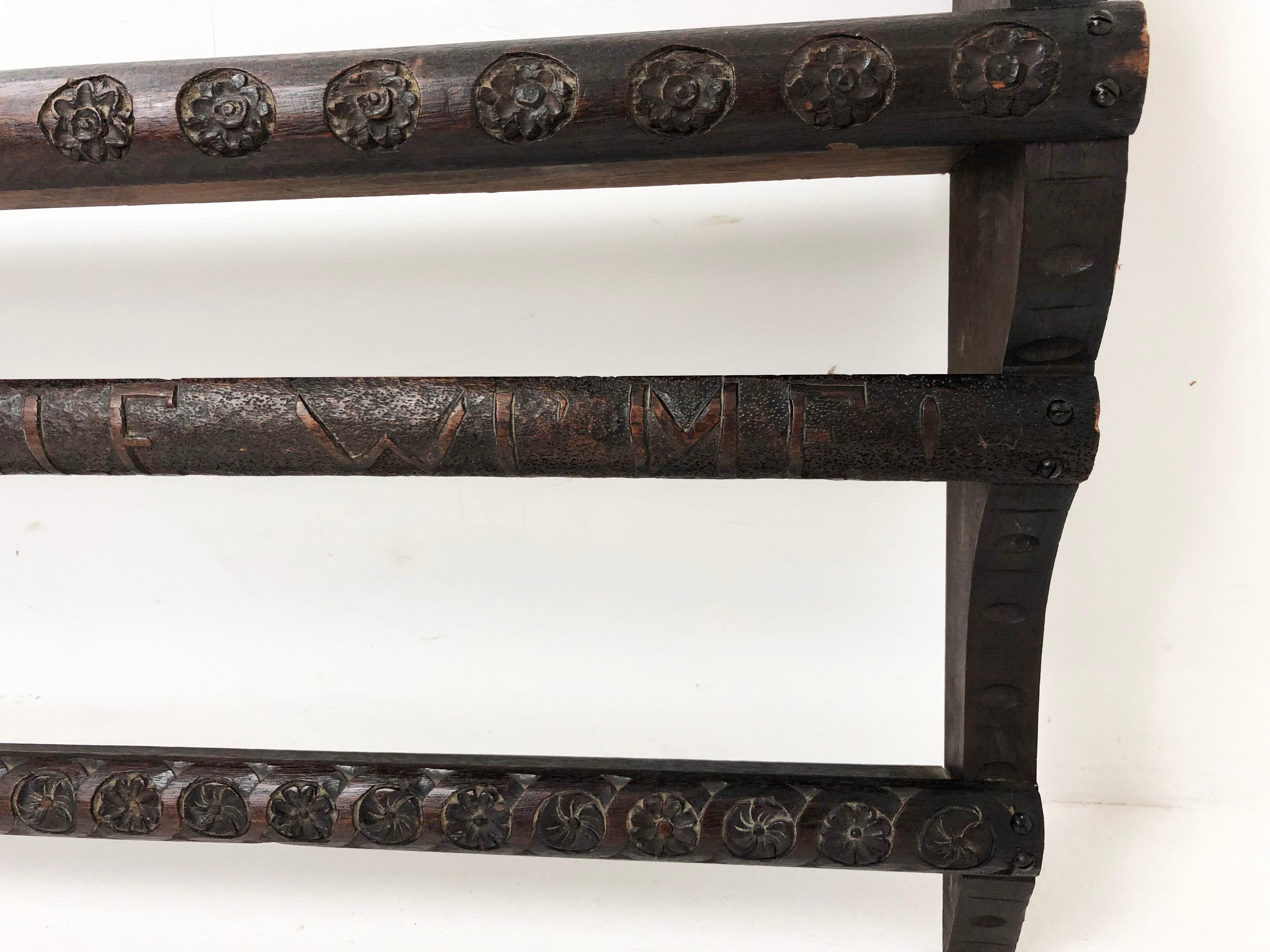 Ant. Victorian Carved Oak Plate/Wall Rack, 2 Plate Shelves, Scotland 1880, H795 2