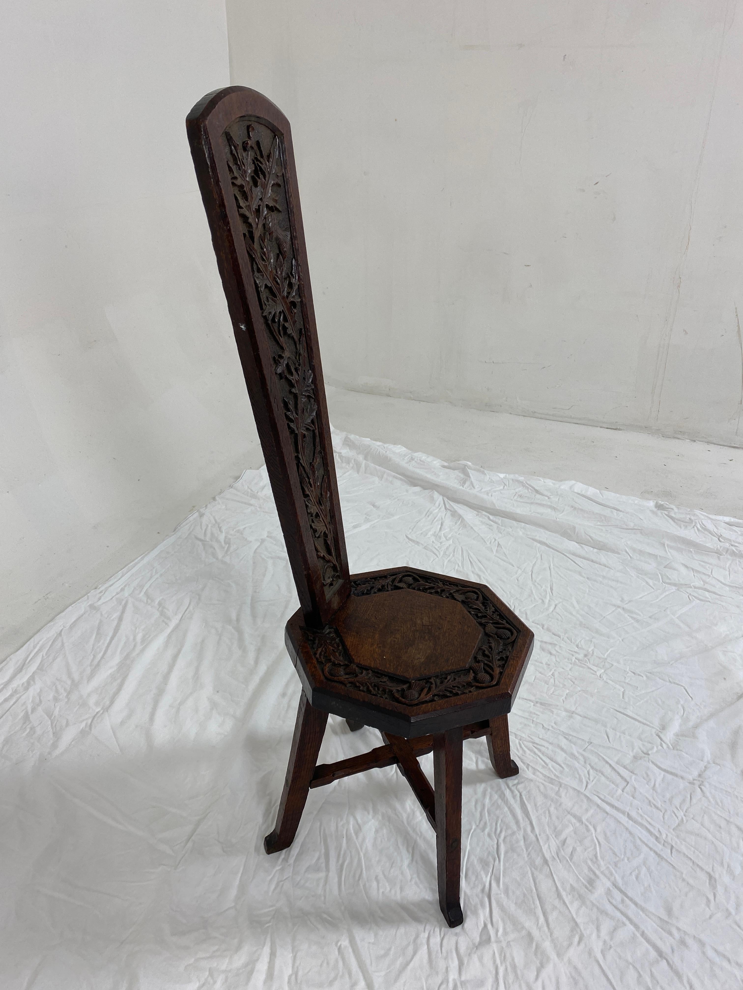 Ant. Victorian carved oak spinning chair thistles, Scotland 1890, H850.

Scotland 1890
Solid oak
Original finish
Highly carved back with branches and thistles
Craved wooden seat
All standing on tapering legs with turned stretchers
Very nice
