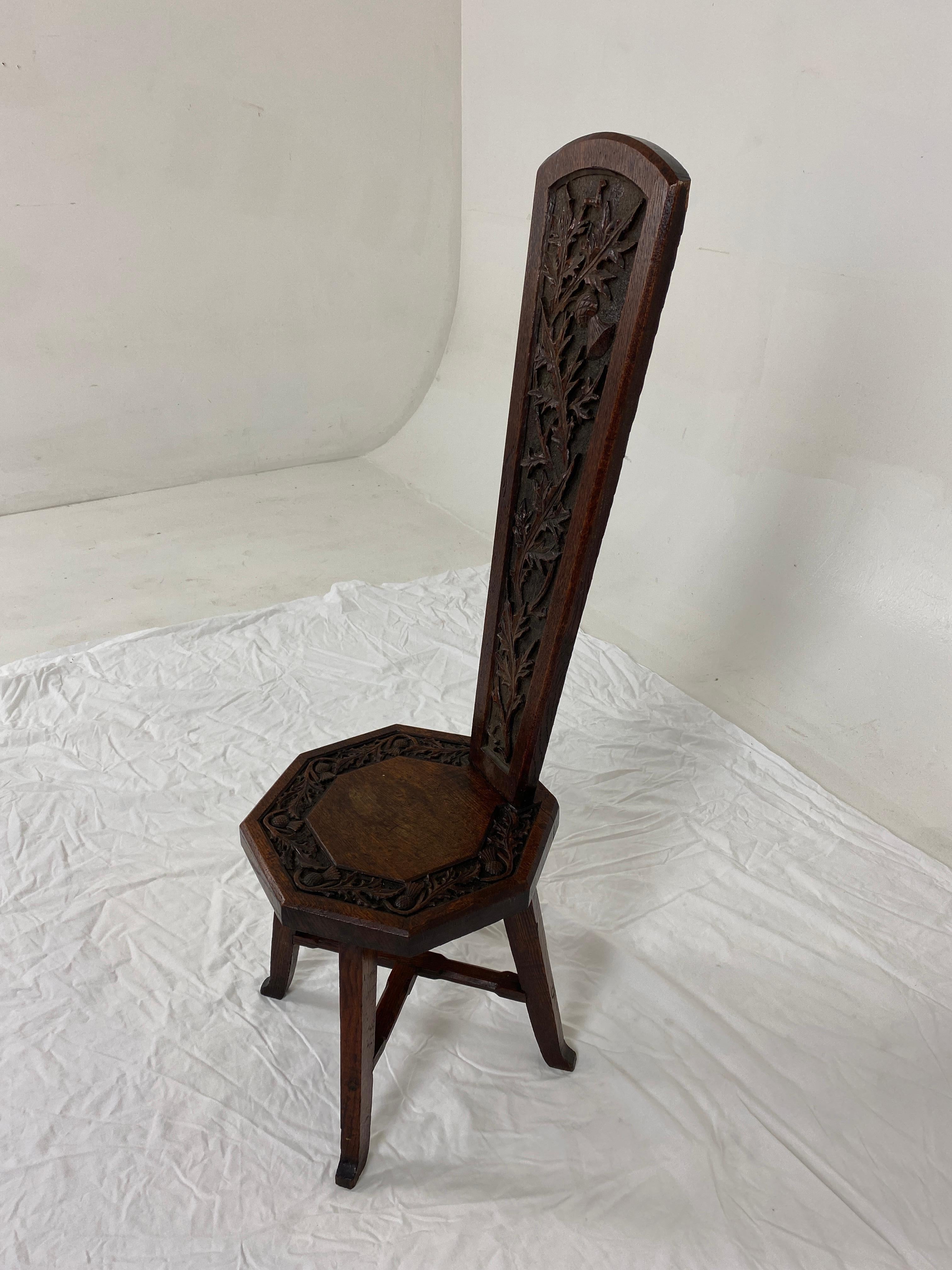 Scottish Ant. Victorian Carved Oak Spinning Chair Thistles, Scotland 1890, H850