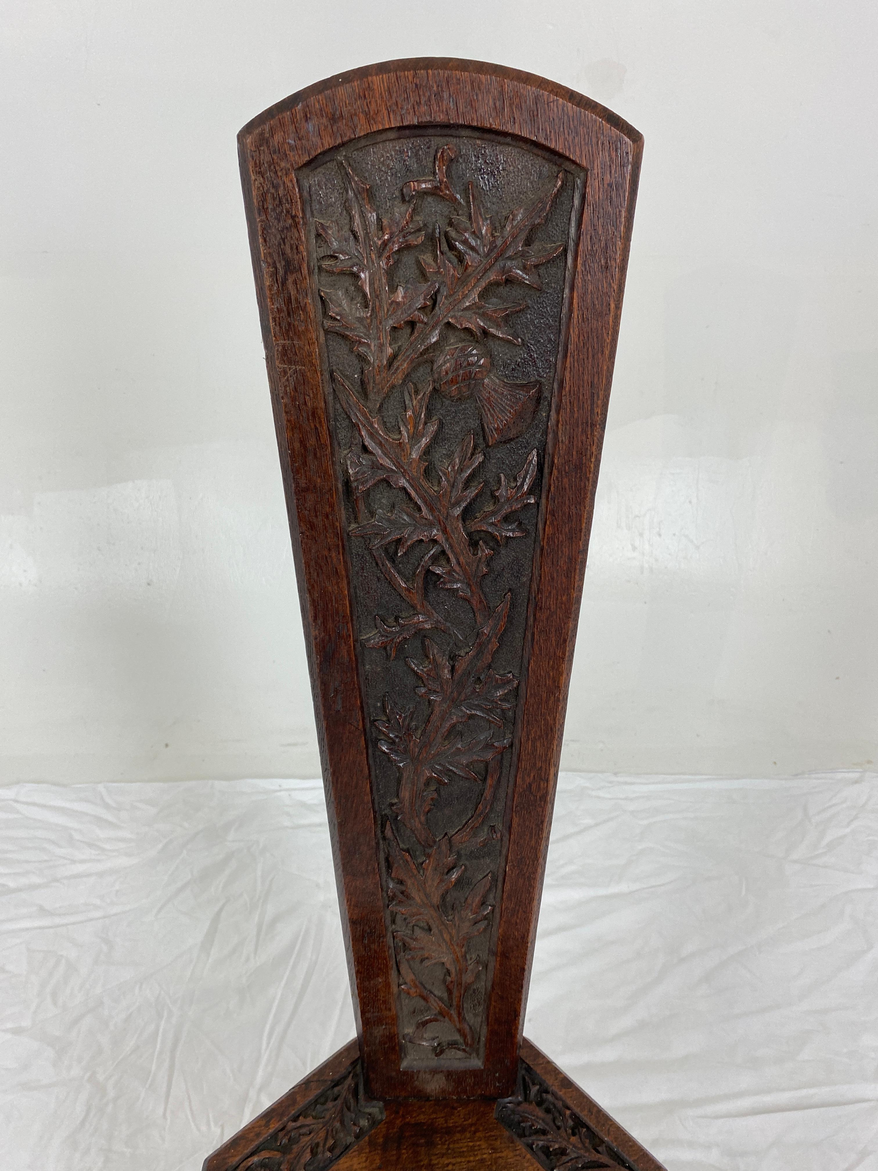 19th Century Ant. Victorian Carved Oak Spinning Chair Thistles, Scotland 1890, H850