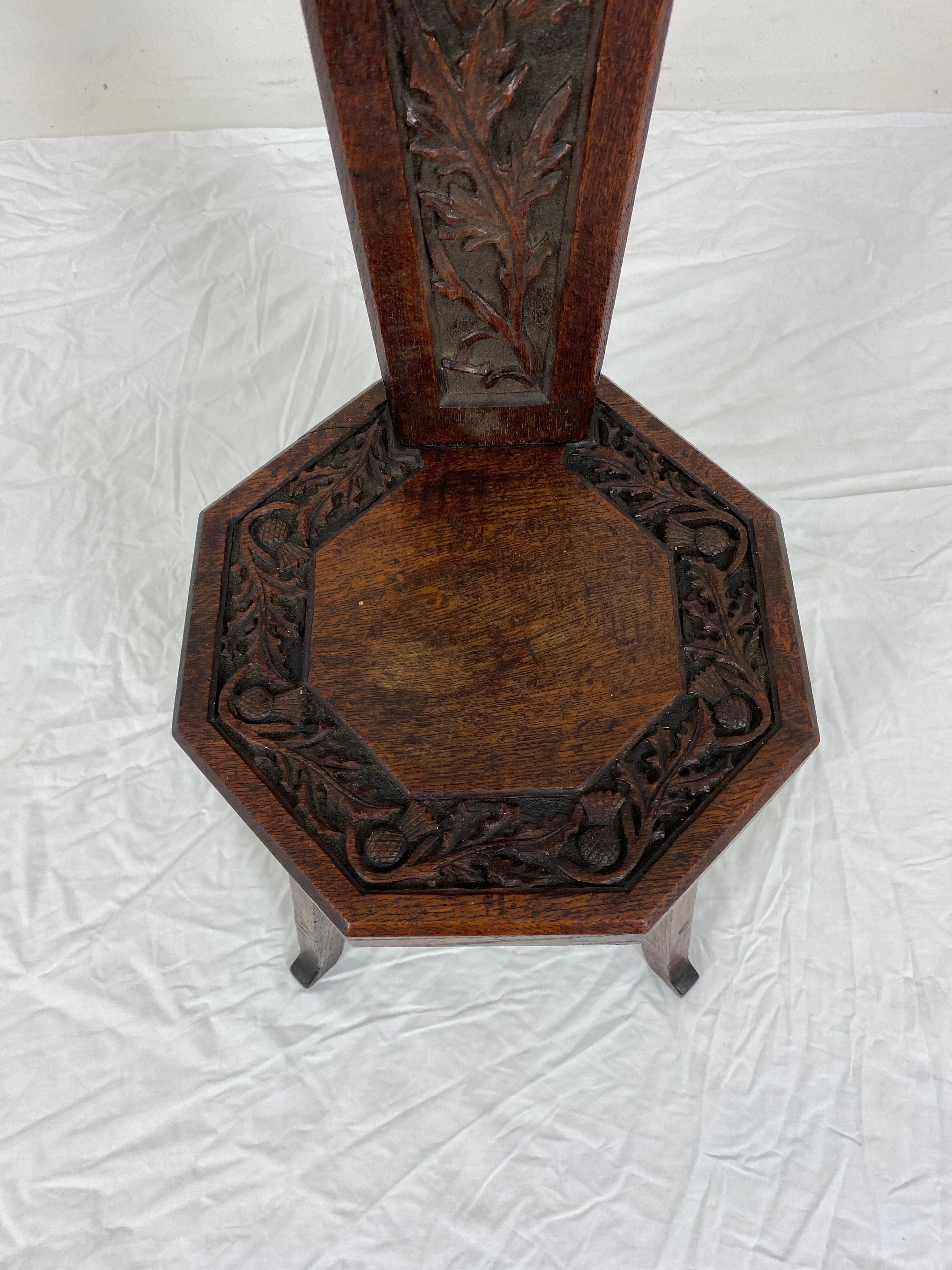 Ant. Victorian Carved Oak Spinning Chair Thistles, Scotland 1890, H850 1