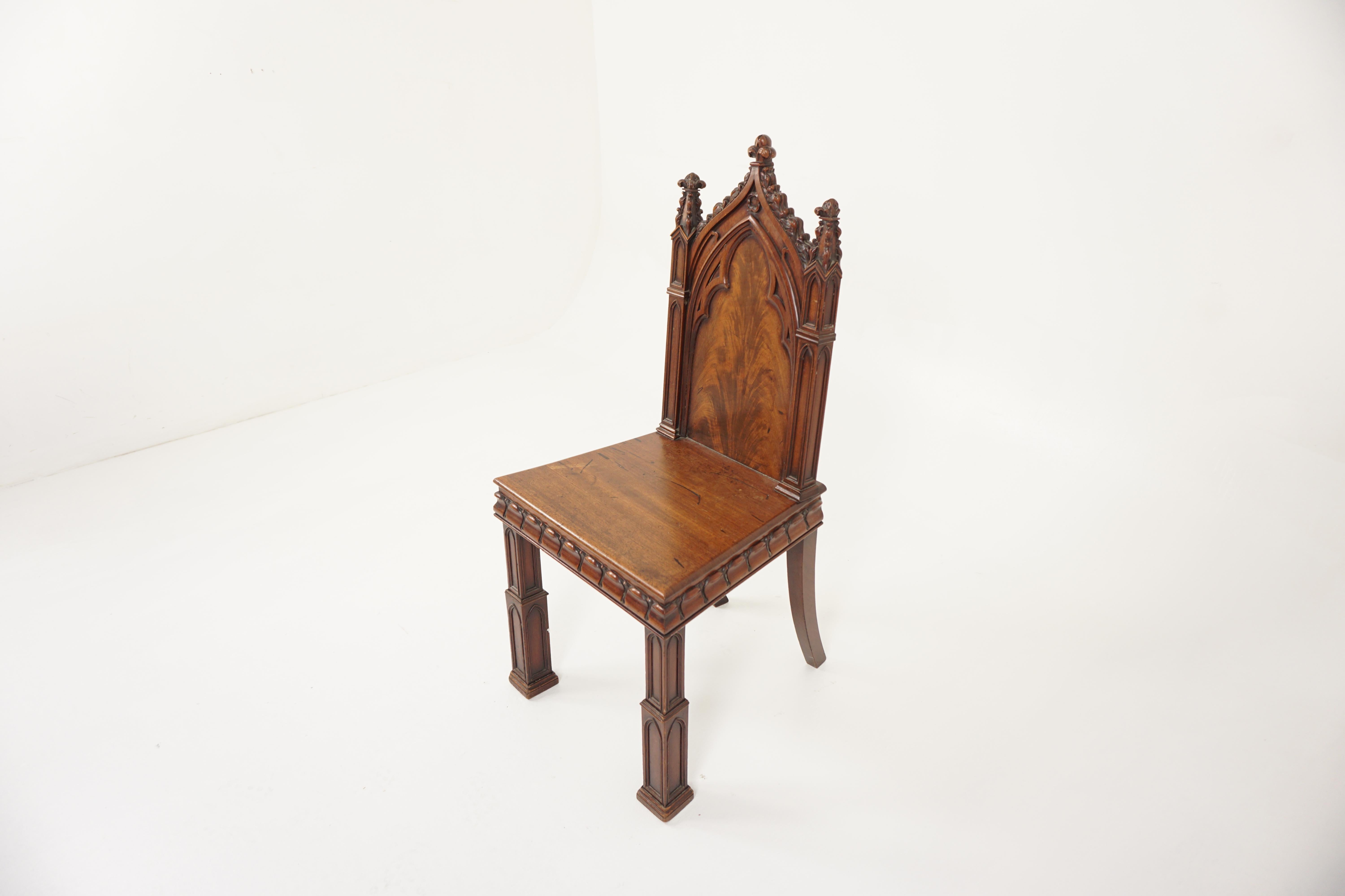 Ant. Victorian Gothic Solid Walnut Carved Church Chair, Scotland 1880, H941

Scotland 1880
Solid Walnut
Original finish
Shaped carved steeple back with carved finials on side supports and top
Solid Panelled back shaped solid wooden