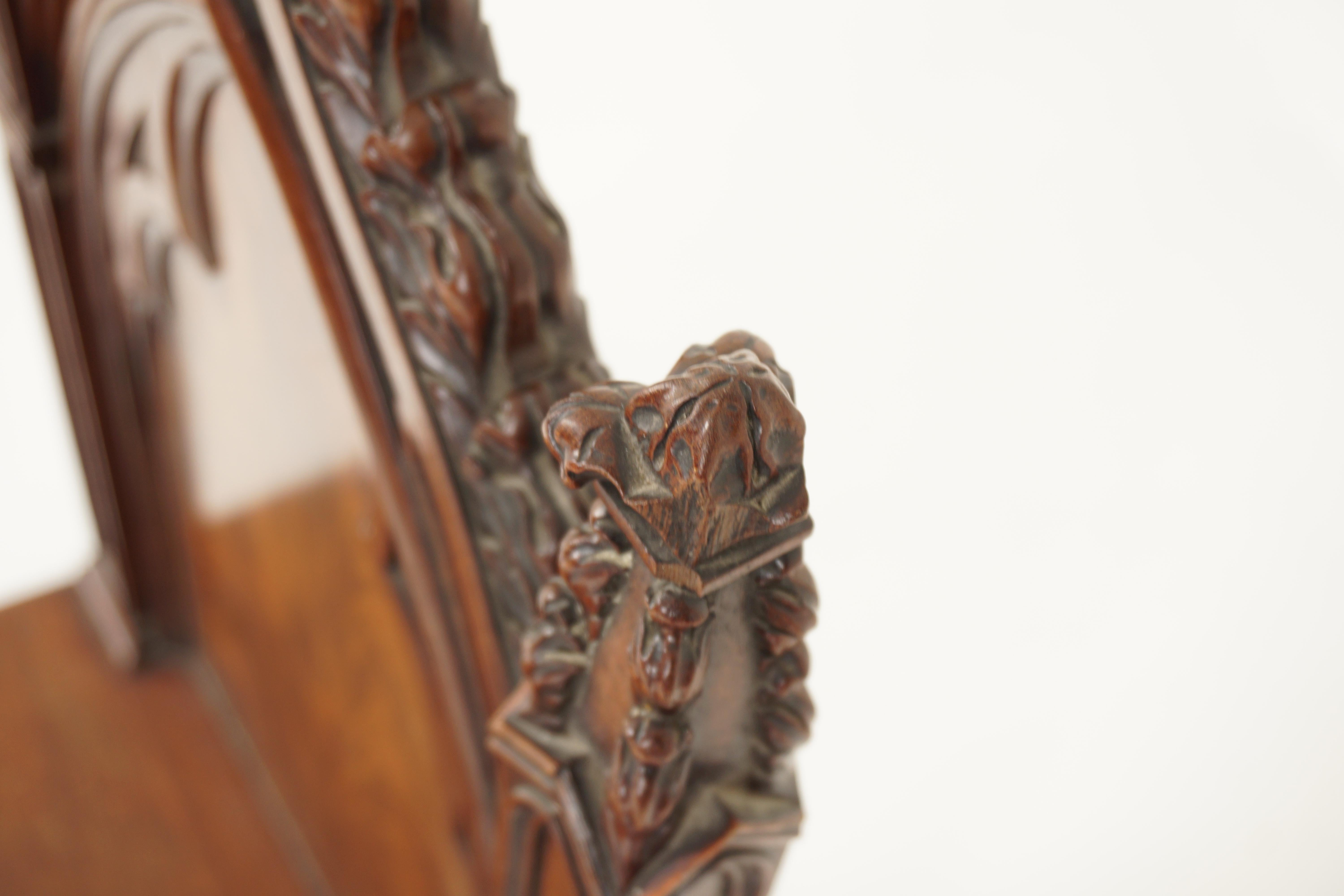 Late 19th Century Ant. Victorian Gothic Solid Walnut Carved Church Chair, Scotland 1880, H941