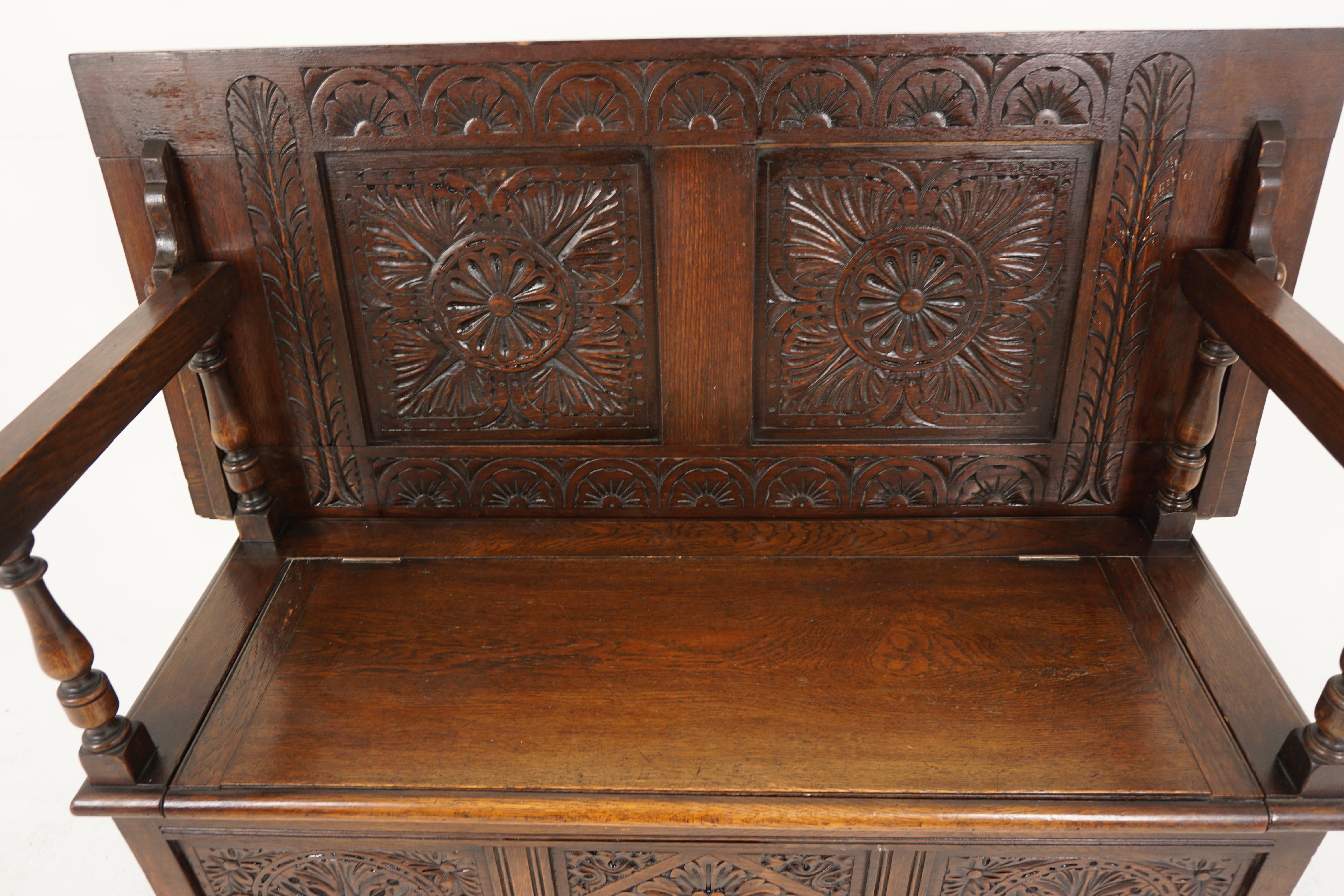 Hand-Crafted Ant. Victorian Gothic Style Green Man Oak Monks Bench, Scotland 1890
