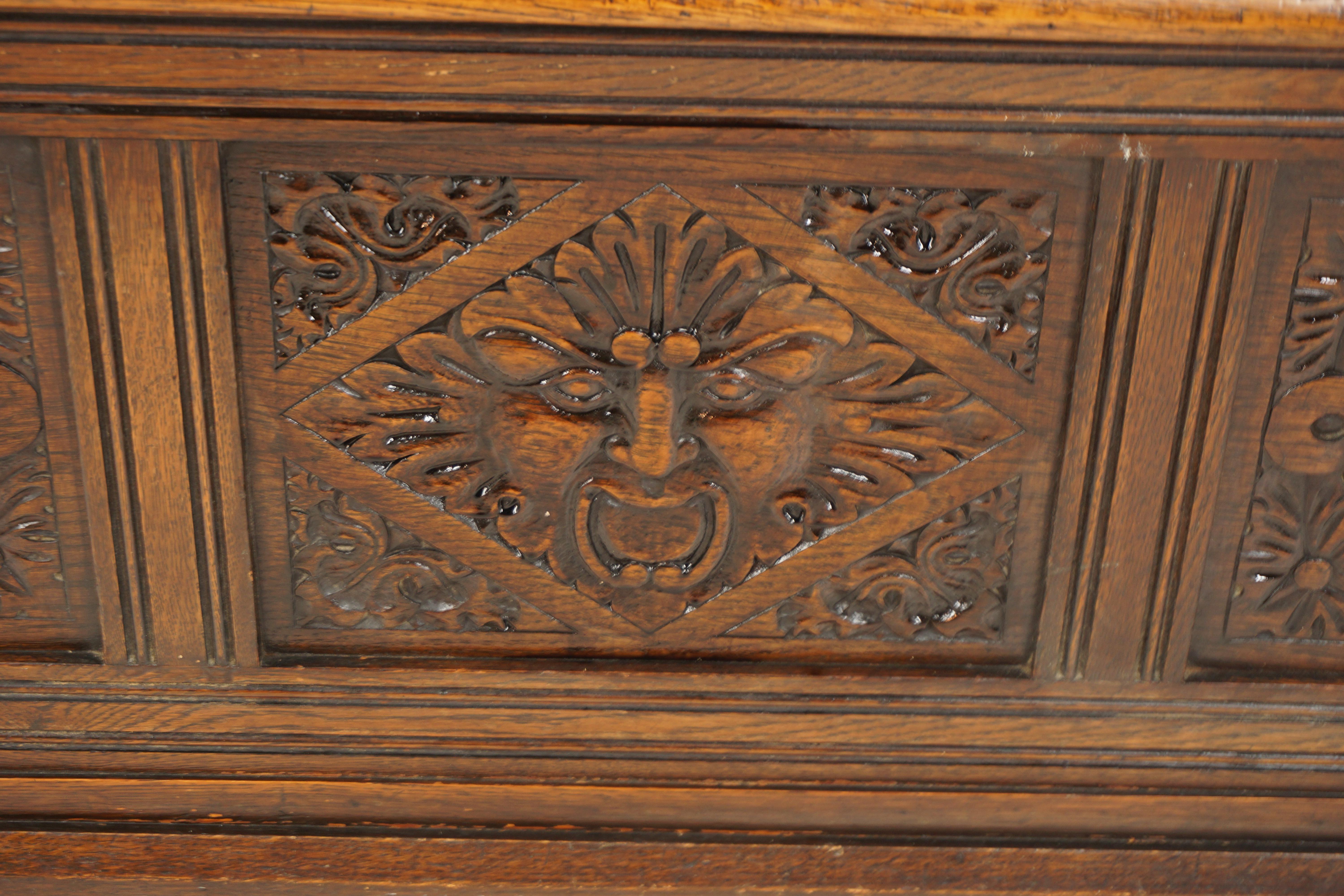 Late 19th Century Ant. Victorian Gothic Style Green Man Oak Monks Bench, Scotland 1890