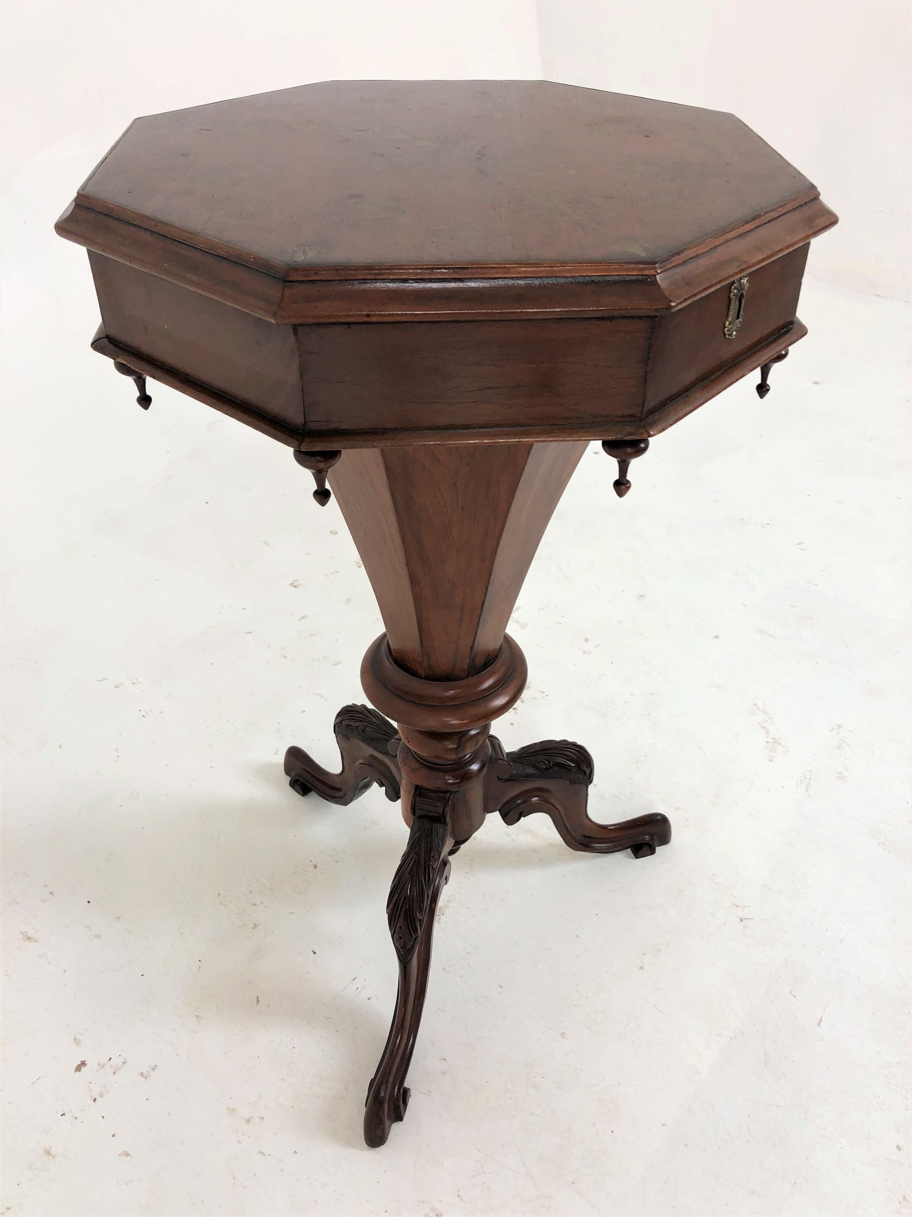 Antique Victorian Hexagonal Walnut, Sewing Table, Work Table, Scotland 1870, H705

Scotland 1870
Solid Walnut + Veneer
With painted flowers to the top
The top opens to reveal a nice original interior
The hexagonal shape is reflected in the