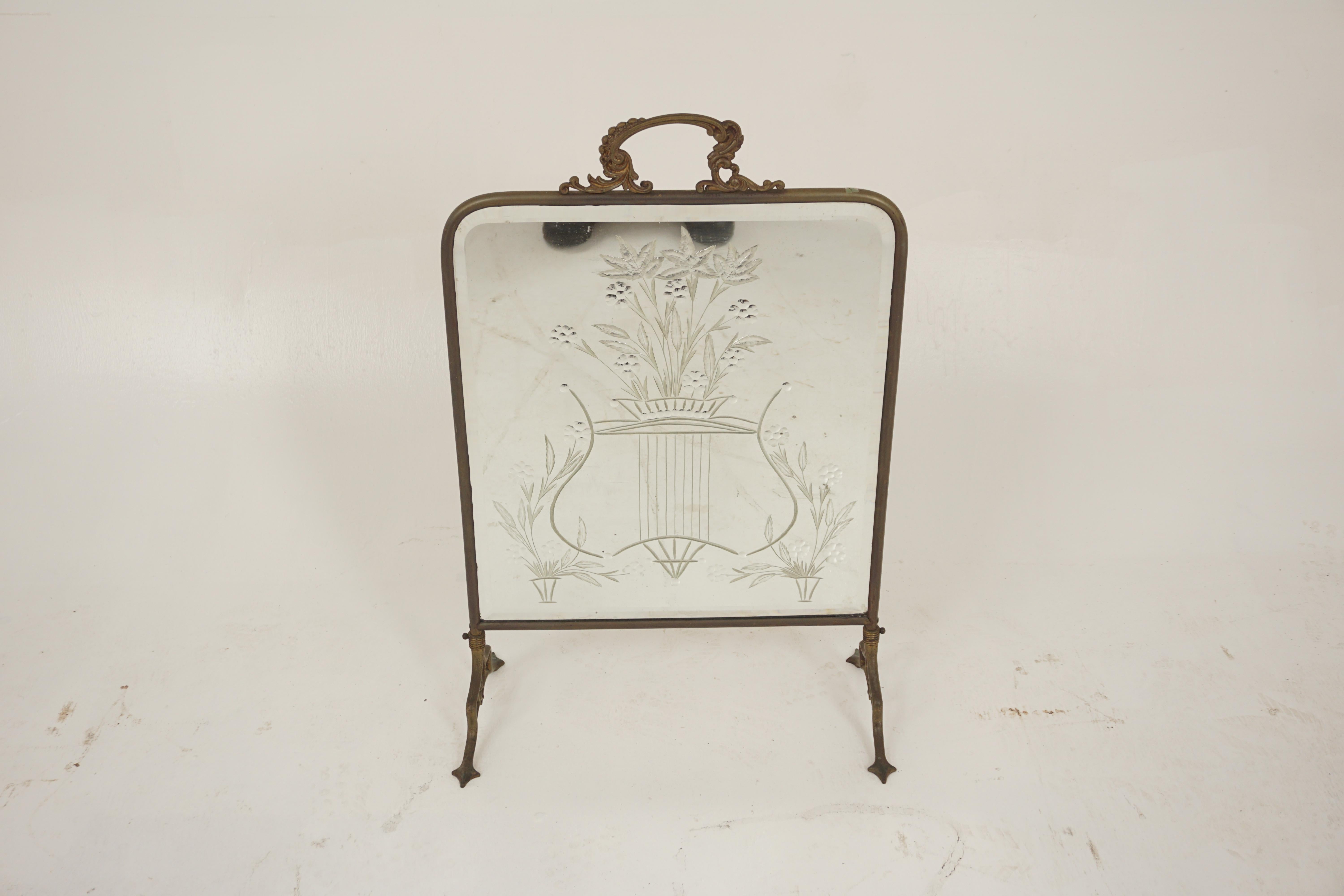 Ant. Victorian Mirrored and Brass Fire Screen, Scotland 1890, H947

Scotland 1890
Solid Brass
Bevelled Mirror
Nicely shaped brass handle on top
Original bevelled mirror with etch glass of flowers
Standing on four shaped legs
Some to the