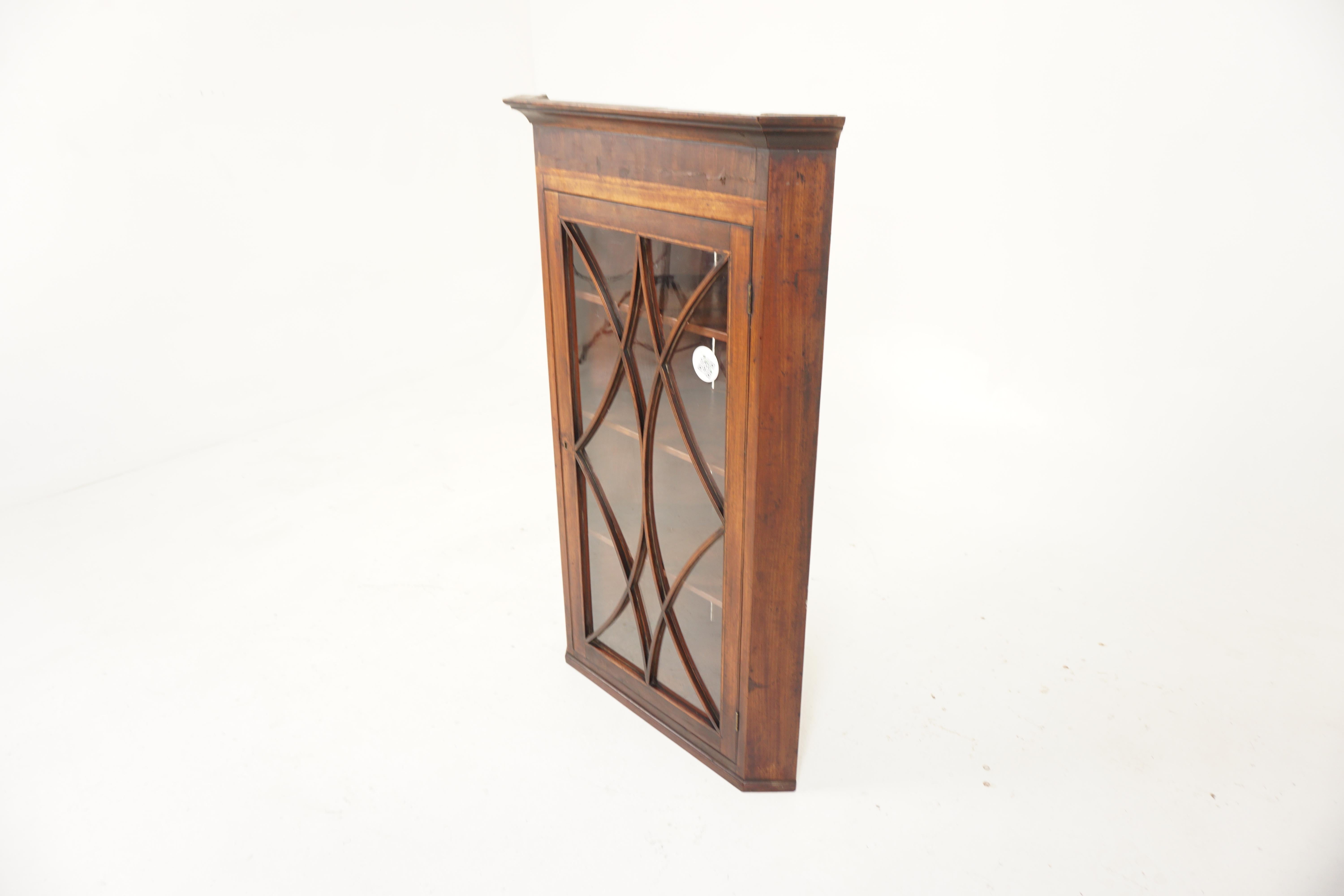 Scottish Ant. Victorian Walnut Inlaid Wall Hanging Corner Cabinet, Scotland 1820, H808